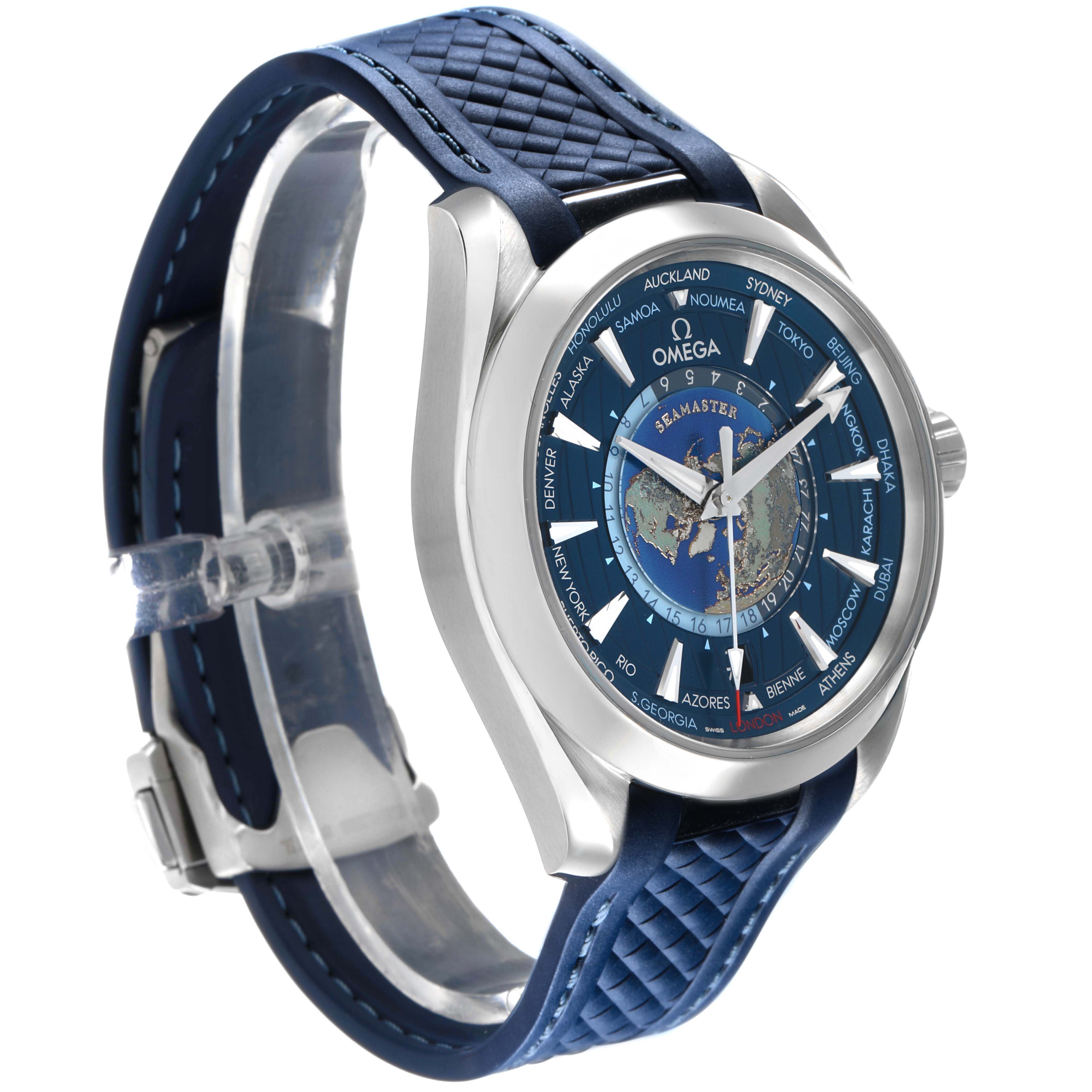 The Omega Seamaster 220.12.43.22.03.001 Men's Stainless Steel Blue Dial watch is shown at a three-quarter angle, highlighting the blue dial and strap with world time indications.