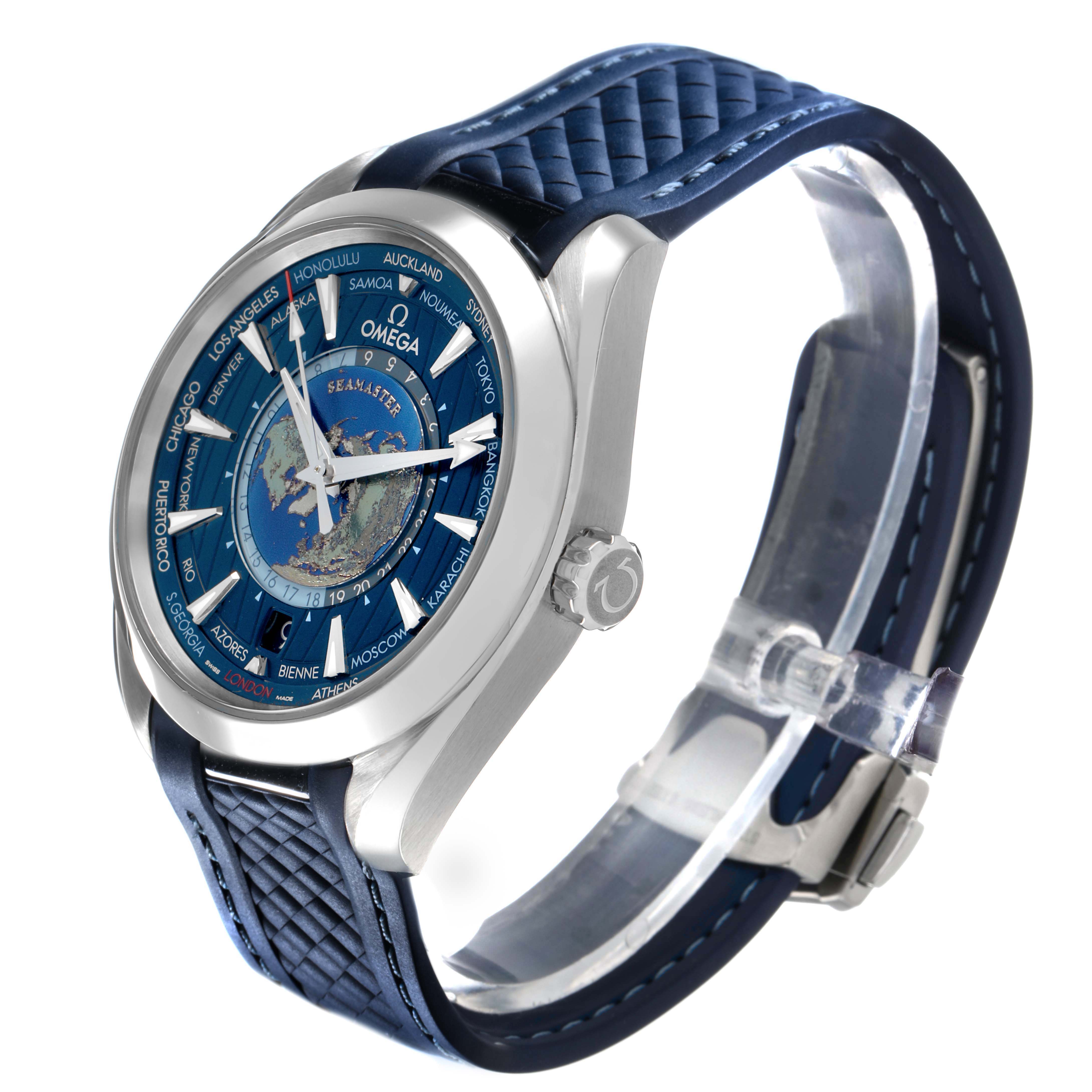 The Omega Seamaster 220.12.43.22.03.001 Men's Stainless Steel Blue Dial watch is shown at a three-quarters angle, highlighting the face, crown, and textured strap.