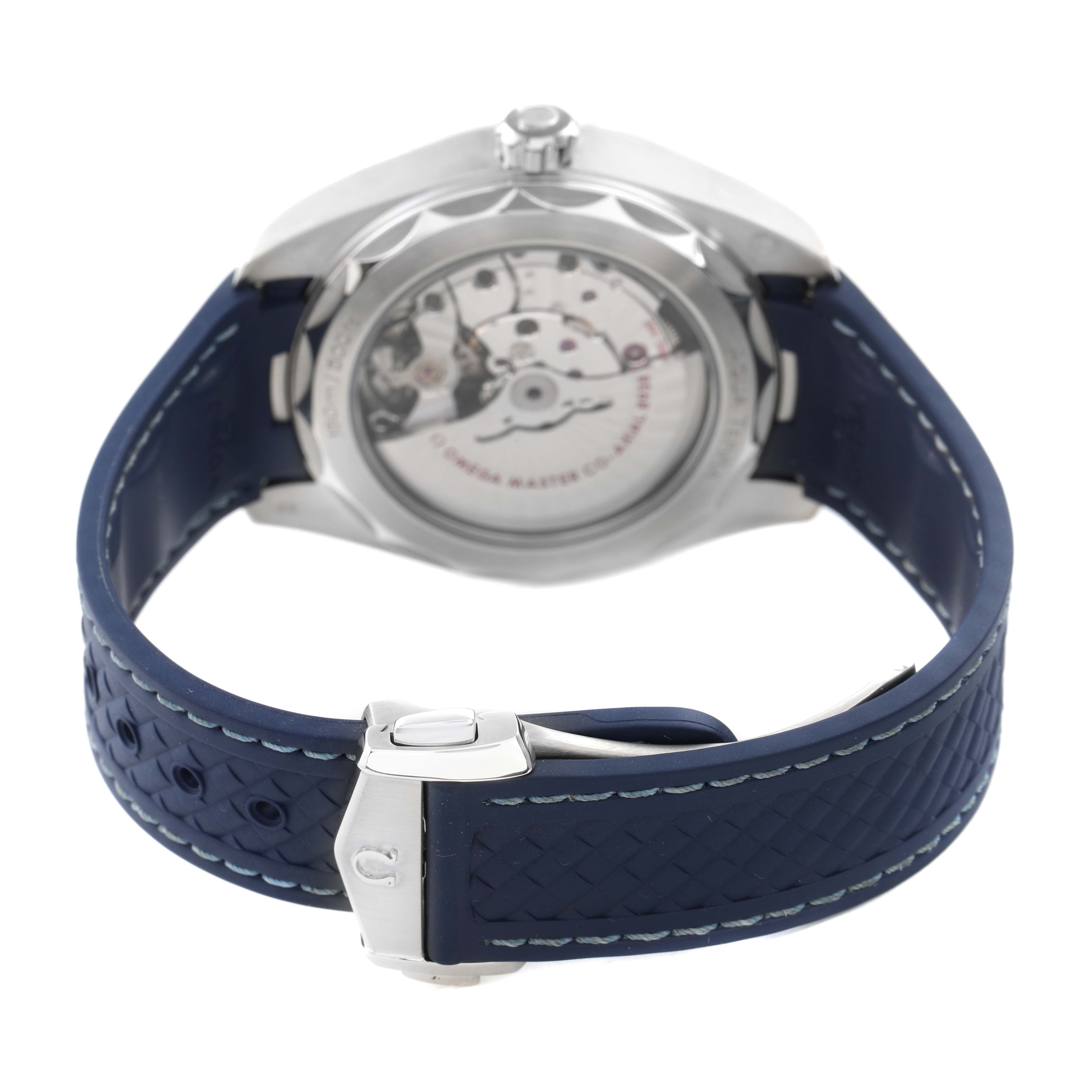 The Omega Seamaster 220.12.43.22.03.001 Men's Stainless Steel Blue Dial watch is shown from the back, highlighting the transparent case back and the blue strap with clasp.
