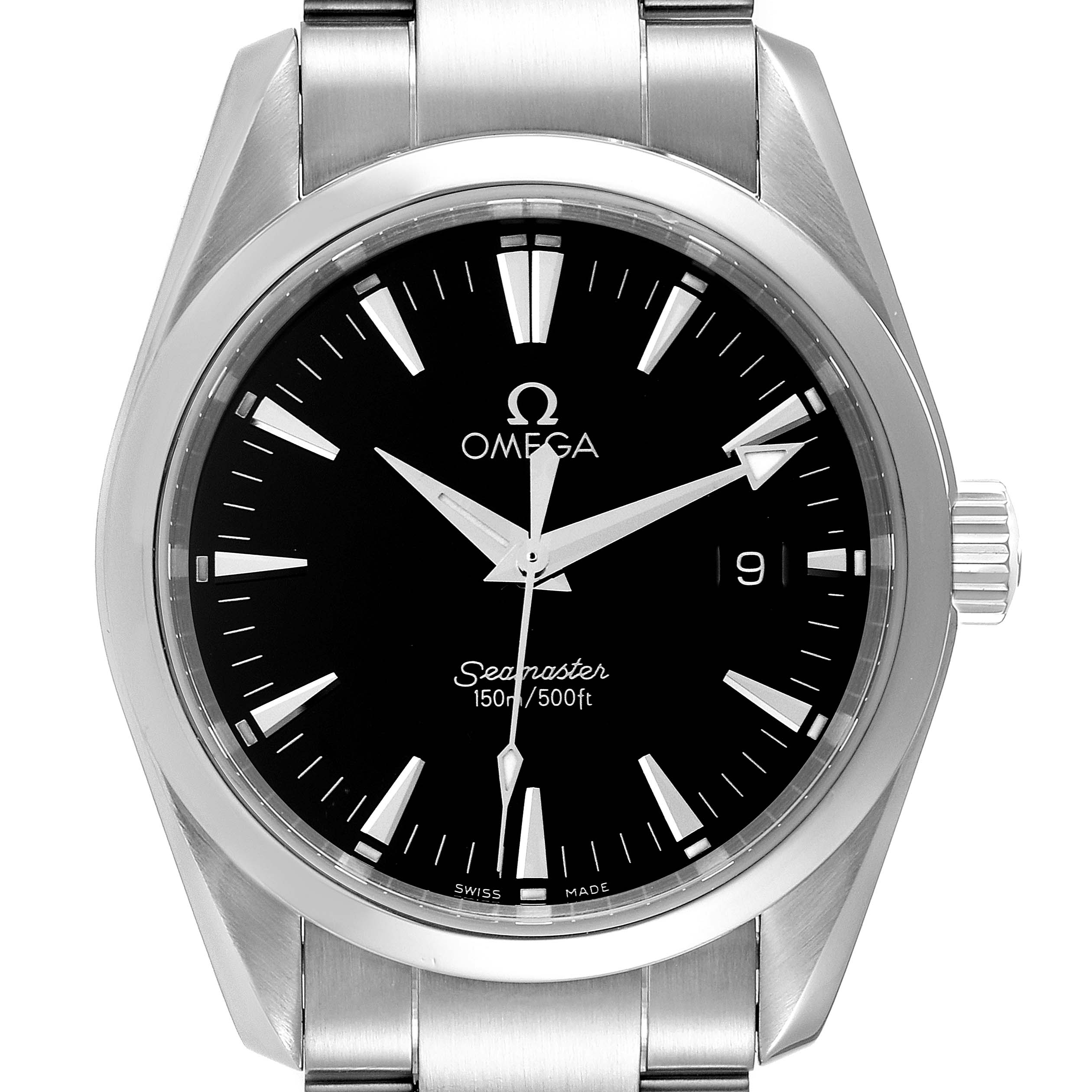 This image shows a front view of the Omega Aqua Terra 2518.50.00 Men's Stainless Steel Black Dial 2518.50.00 Men's Stainless Steel Black Dial model watch, highlighting its face, hands, date, and stainless steel bracelet.