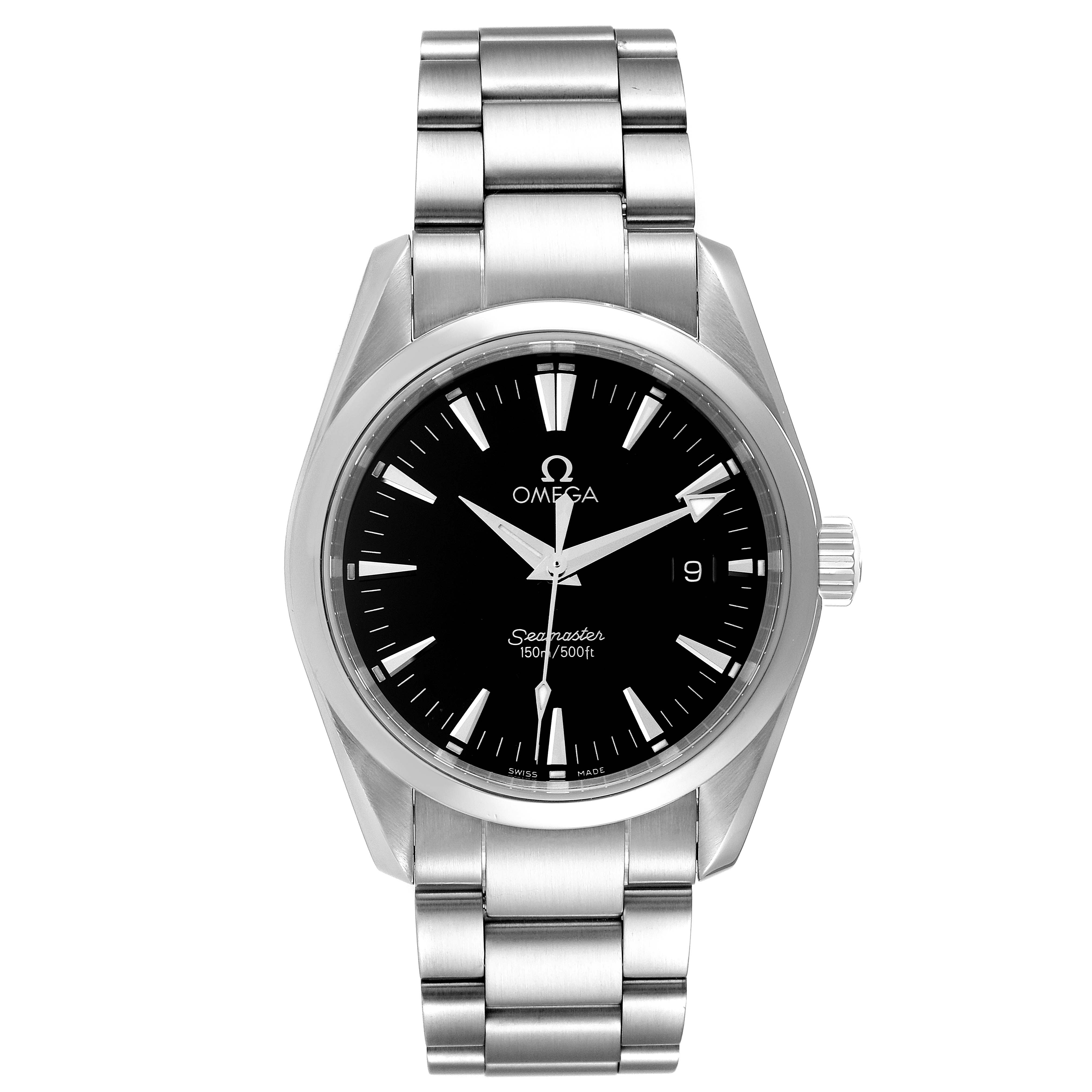 The image shows a front view of the Omega Aqua Terra 2518.50.00 Men's Stainless Steel Black Dial 2518.50.00 Men's Stainless Steel Black Dial with a black dial and stainless steel bracelet.