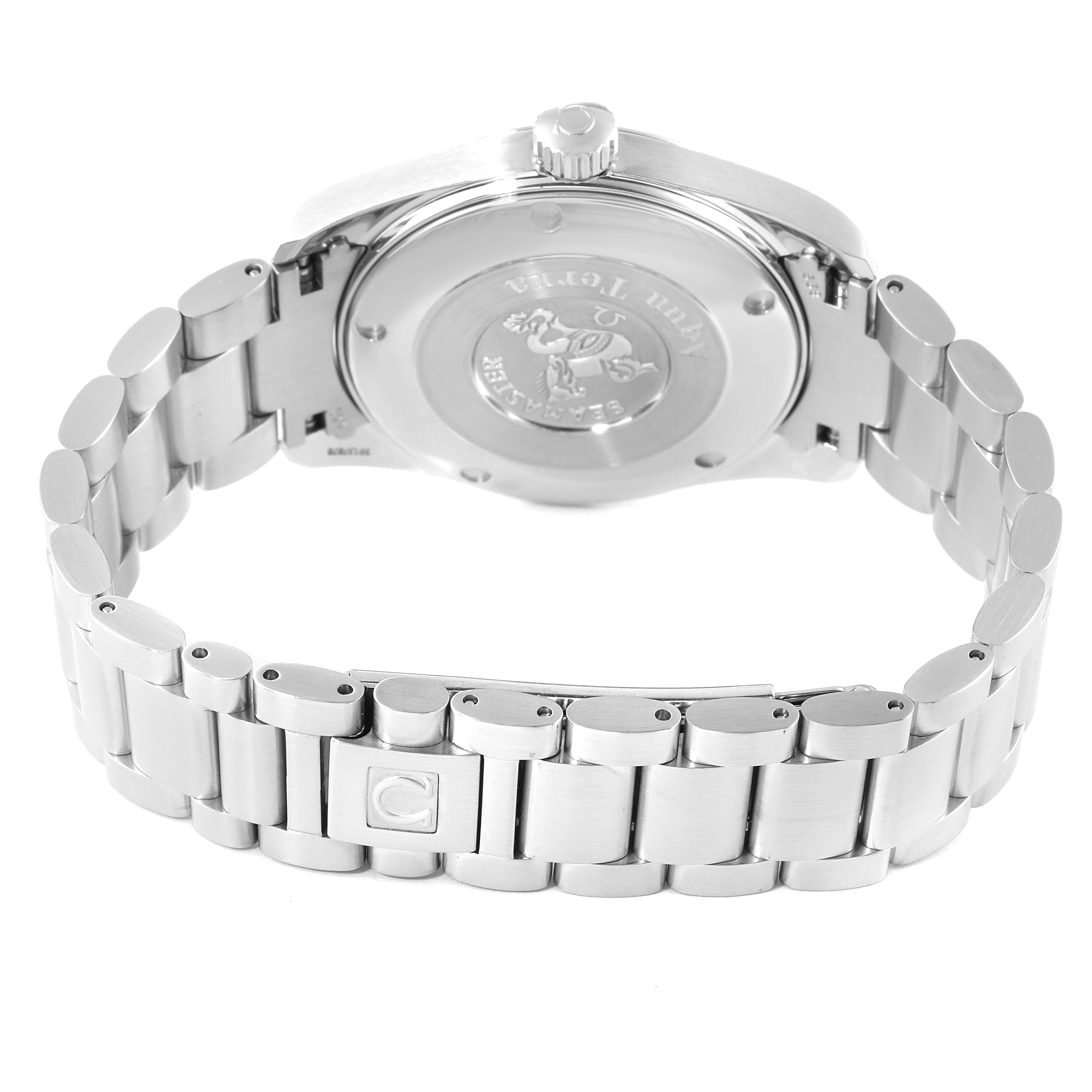 The image shows the back case and bracelet of the Omega Aqua Terra 2518.50.00 Men's Stainless Steel Black Dial 2518.50.00 Men's Stainless Steel Black Dial watch at a rear angle.