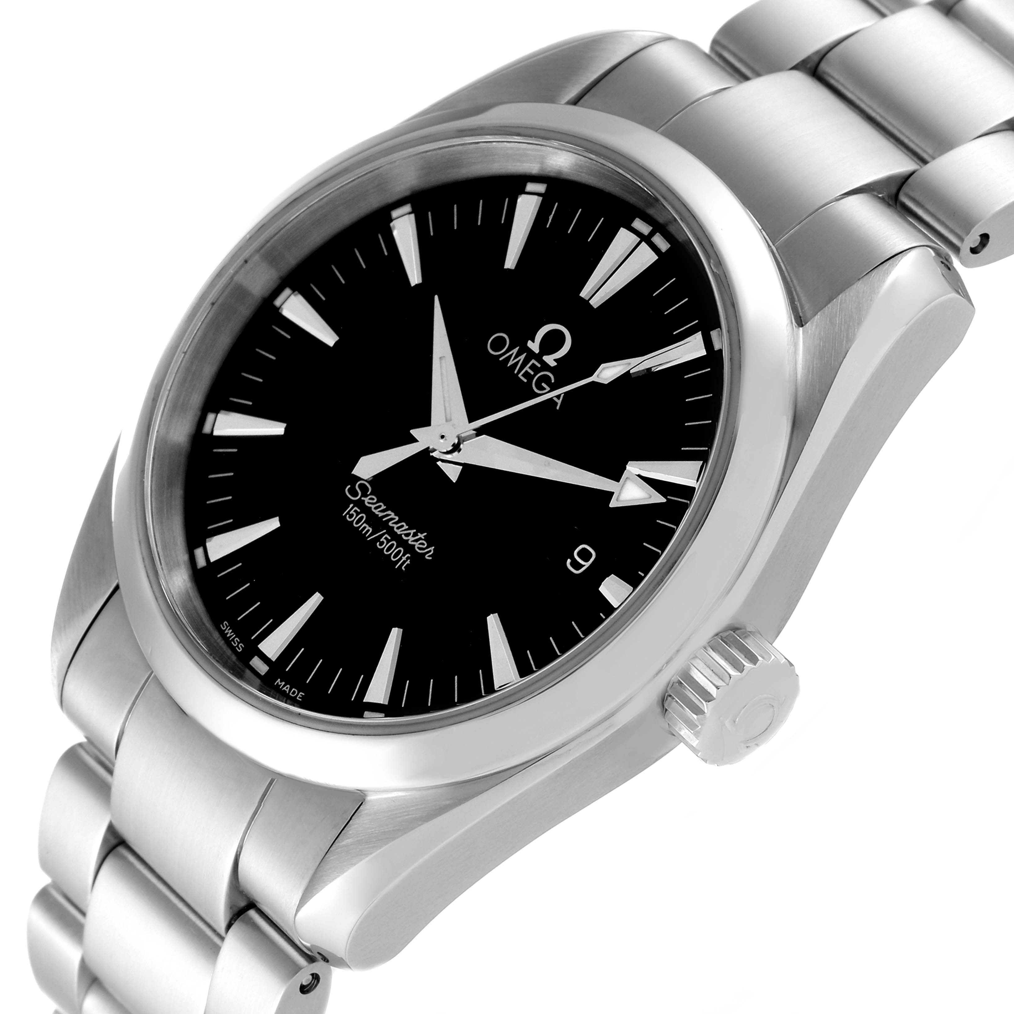 The image shows an angled close-up of the Omega Aqua Terra 2518.50.00 Men's Stainless Steel Black Dial 2518.50.00 Men's Stainless Steel Black Dial watch, highlighting its dial, bezel, crown, and bracelet.