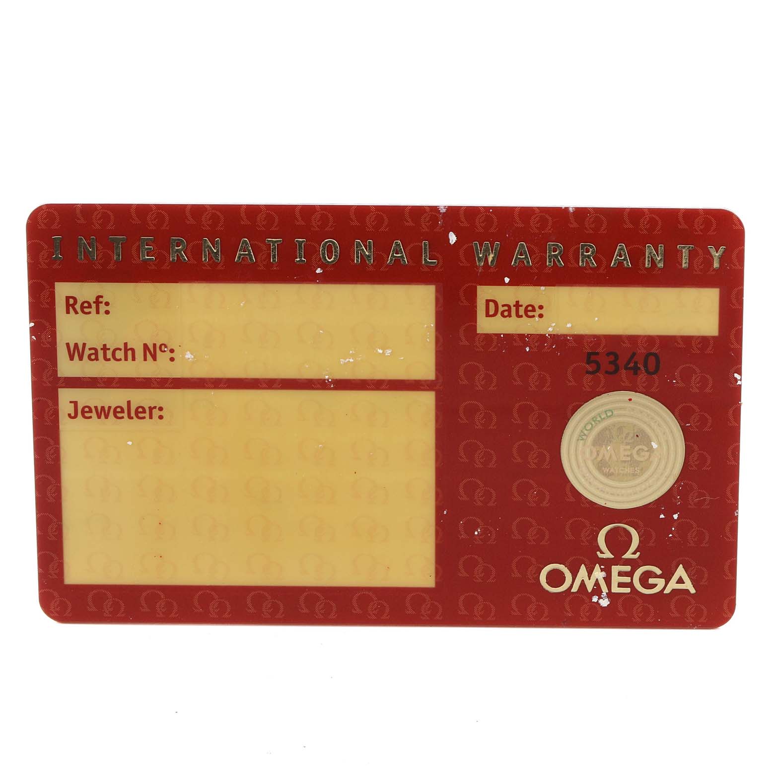 This image features the International Warranty card for the Omega Aqua Terra 2518.50.00 Men's Stainless Steel Black Dial 2518.50.00 Men's Stainless Steel Black Dial model.