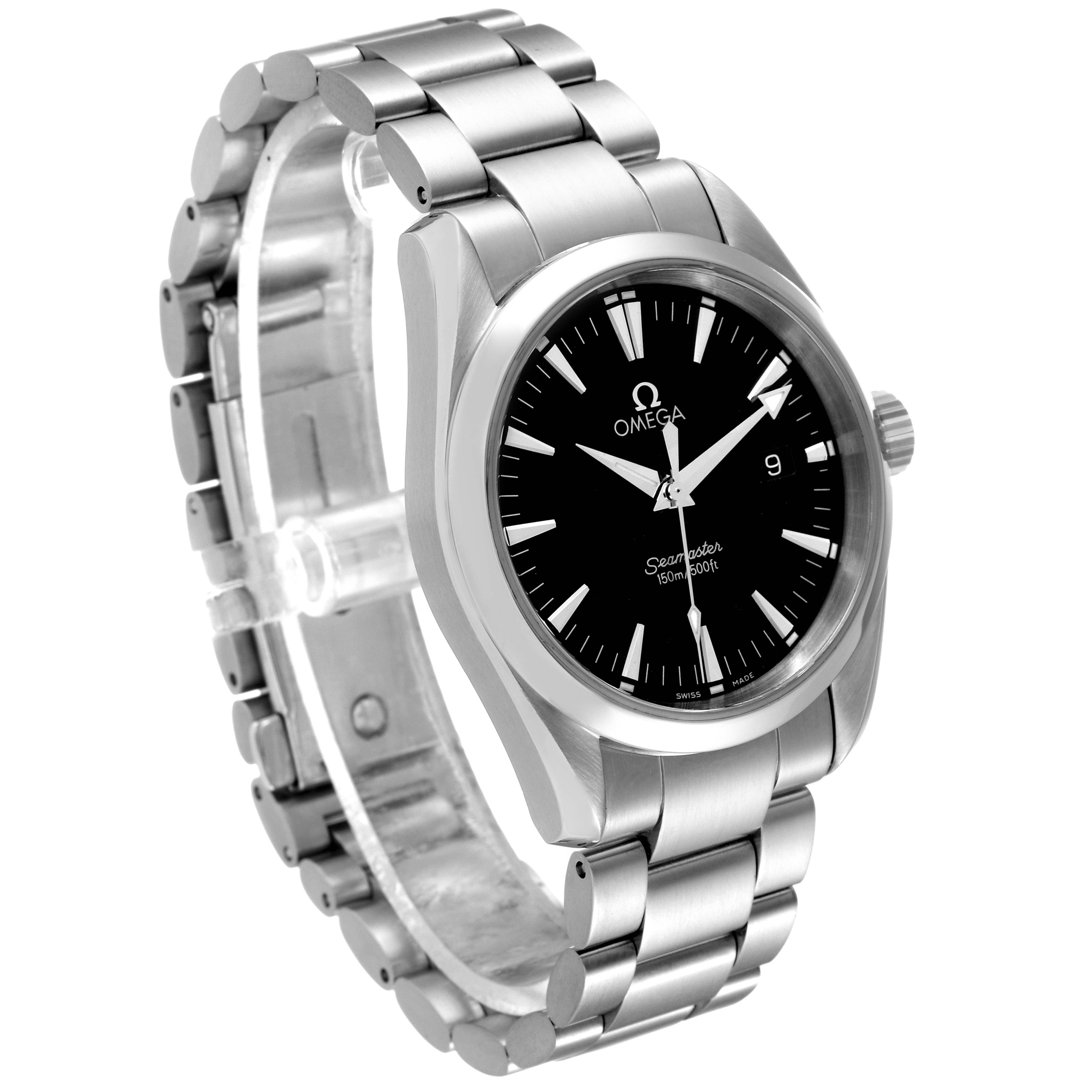 The image shows a front-angle view of the Omega Aqua Terra 2518.50.00 Men's Stainless Steel Black Dial 2518.50.00 Men's Stainless Steel Black Dial watch, highlighting its face, bezel, crown, and bracelet.