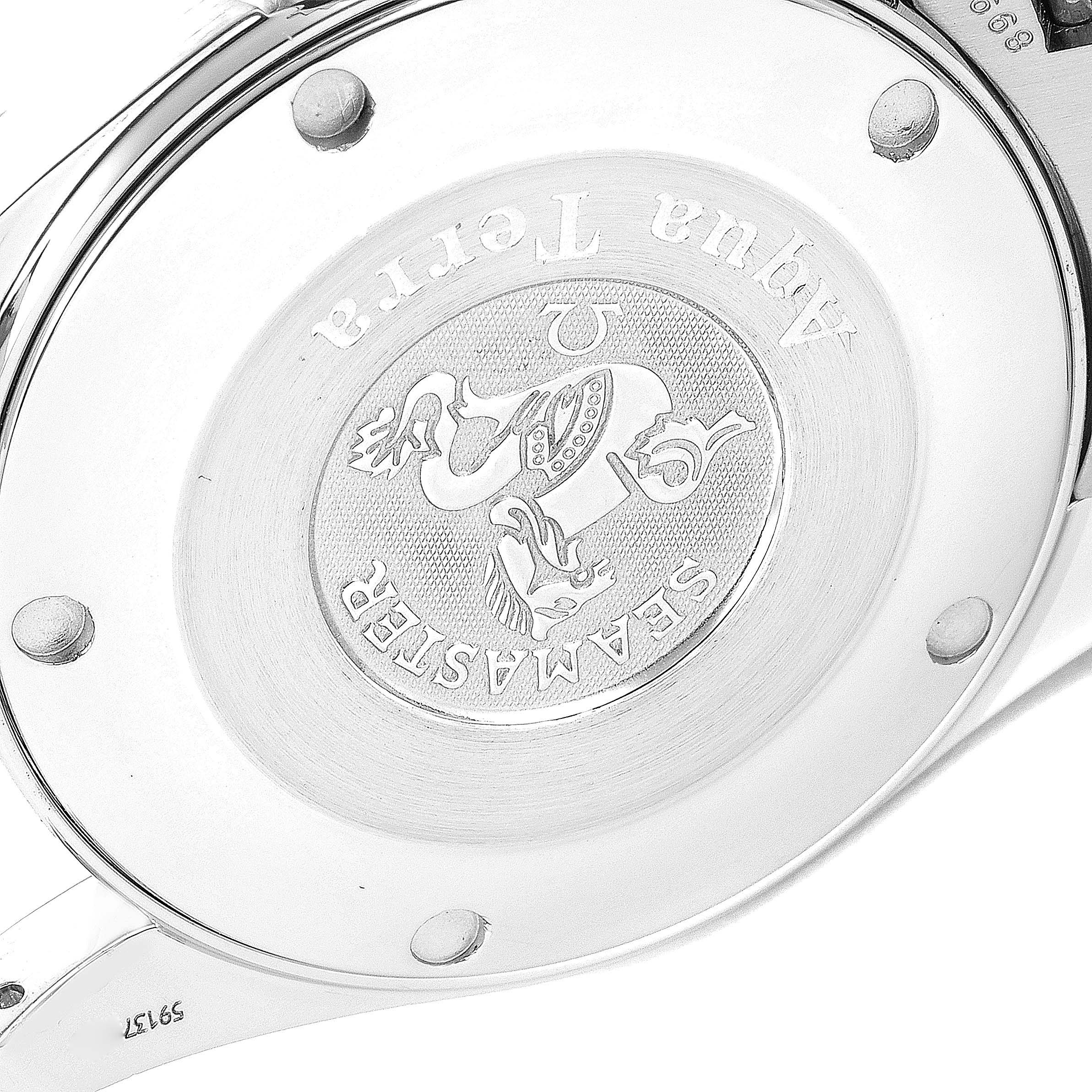 The image shows the back case of the Omega Aqua Terra 2518.50.00 Men's Stainless Steel Black Dial 2518.50.00 Men's Stainless Steel Black Dial watch, highlighting the Seamaster engraving and emblem.