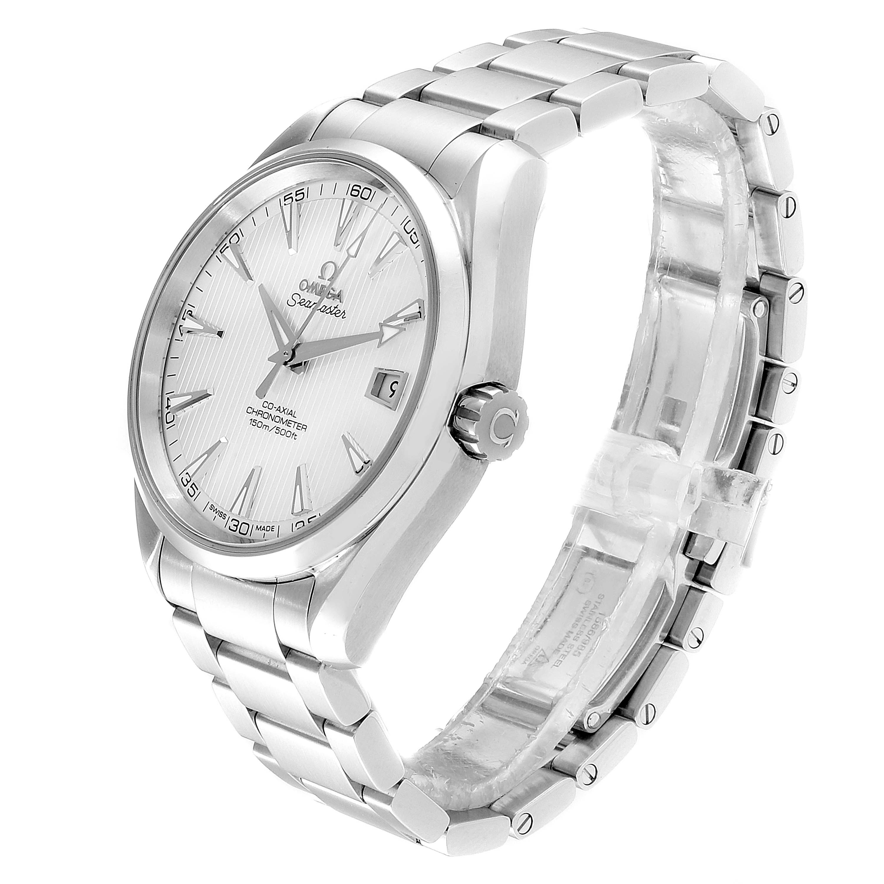 The image shows a side angle of an Omega Aqua Terra 231.10.42.21.02.001 Men
s Stainless Steel Silver Dial 231.10.42.21.02.001 Men
s Stainless Steel Silver Dial watch, highlighting the bezel, dial, crown, and metal bracelet.