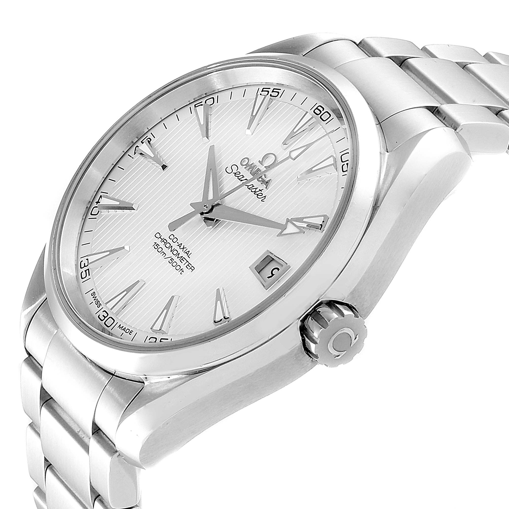 The image shows an angled view of the Omega Aqua Terra 231.10.42.21.02.001 Men
s Stainless Steel Silver Dial 231.10.42.21.02.001 Men
s Stainless Steel Silver Dial watch, highlighting the face, crown, and part of the bracelet.