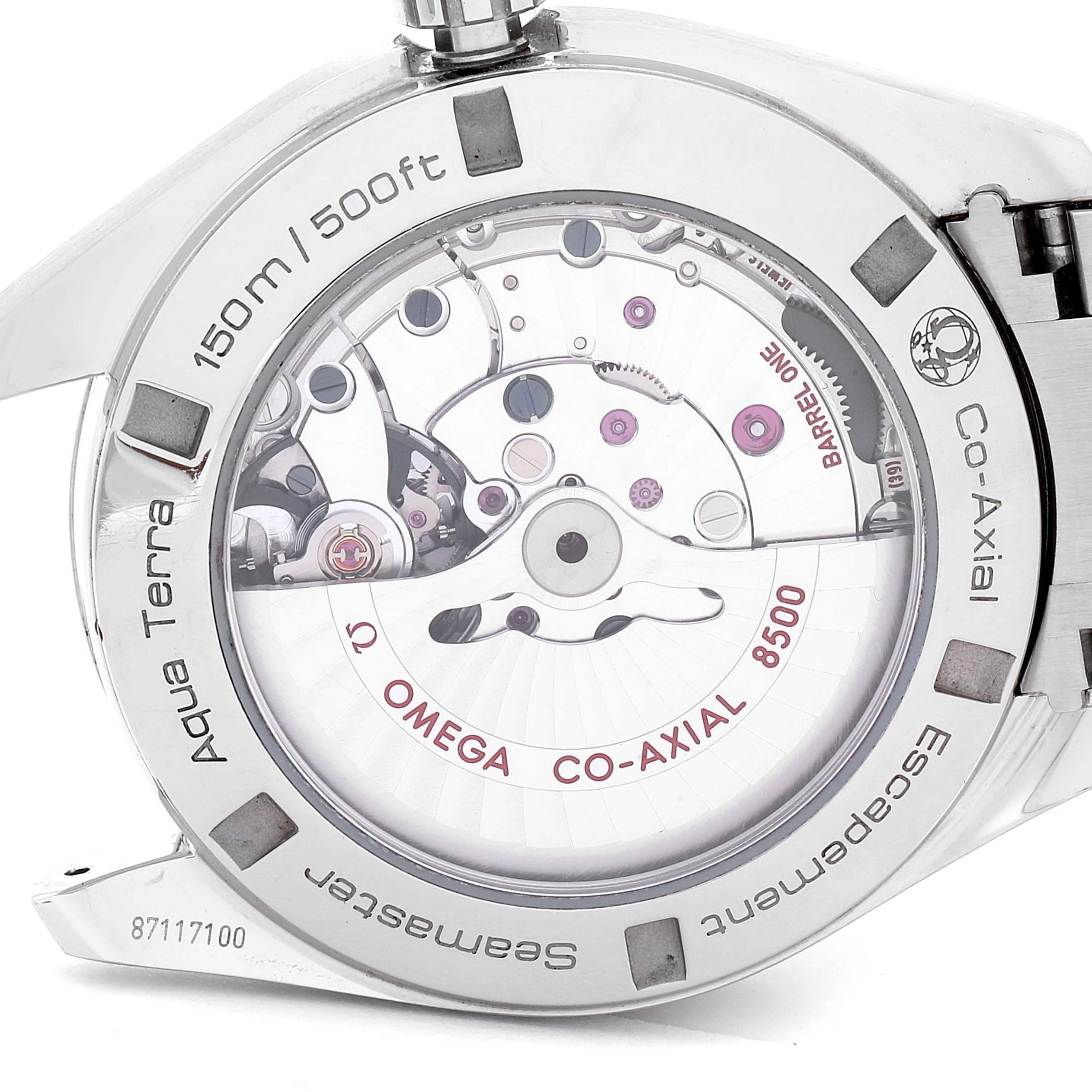 The image shows the back case of an Omega Aqua Terra 231.10.42.21.02.001 Men
s Stainless Steel Silver Dial 231.10.42.21.02.001 Men
s Stainless Steel Silver Dial watch, highlighting the Co-Axial 8500 movement.
