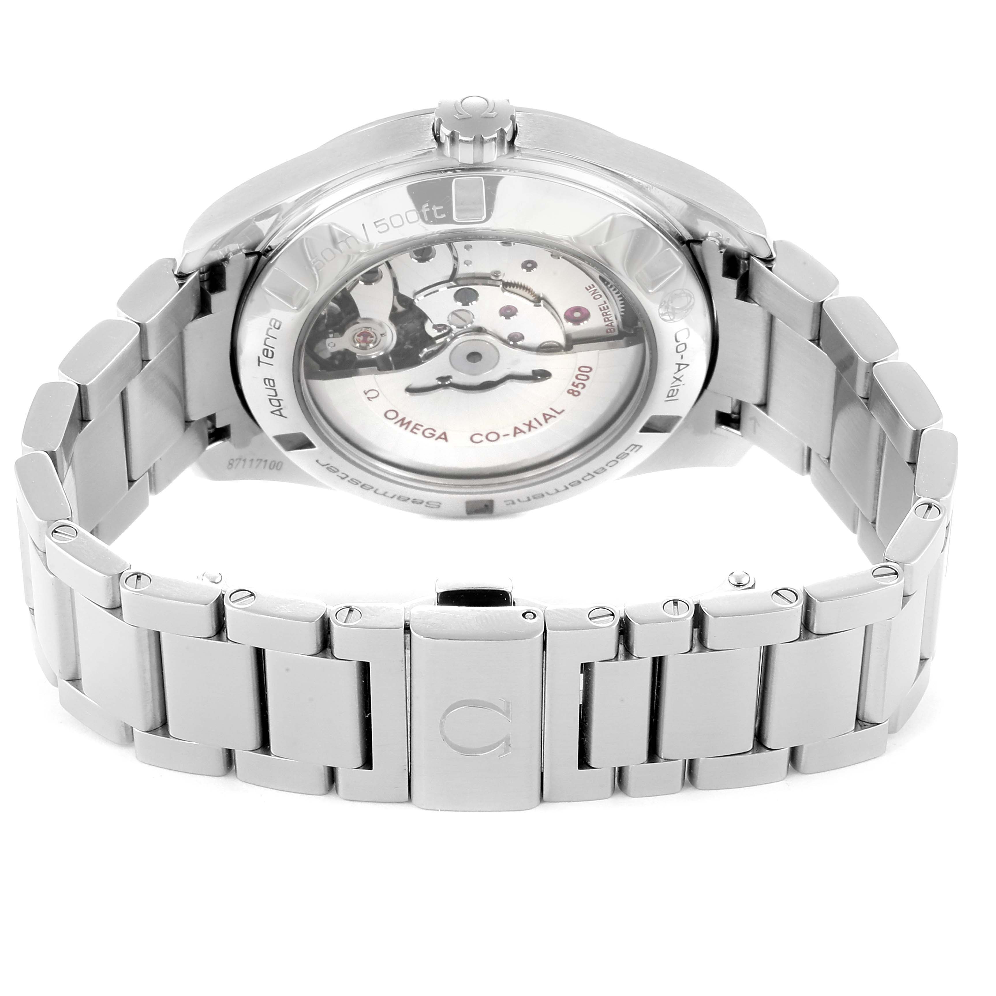 The image shows the back view of the Omega Aqua Terra 231.10.42.21.02.001 Men
s Stainless Steel Silver Dial 231.10.42.21.02.001 Men
s Stainless Steel Silver Dial watch, highlighting its transparent case back and bracelet.