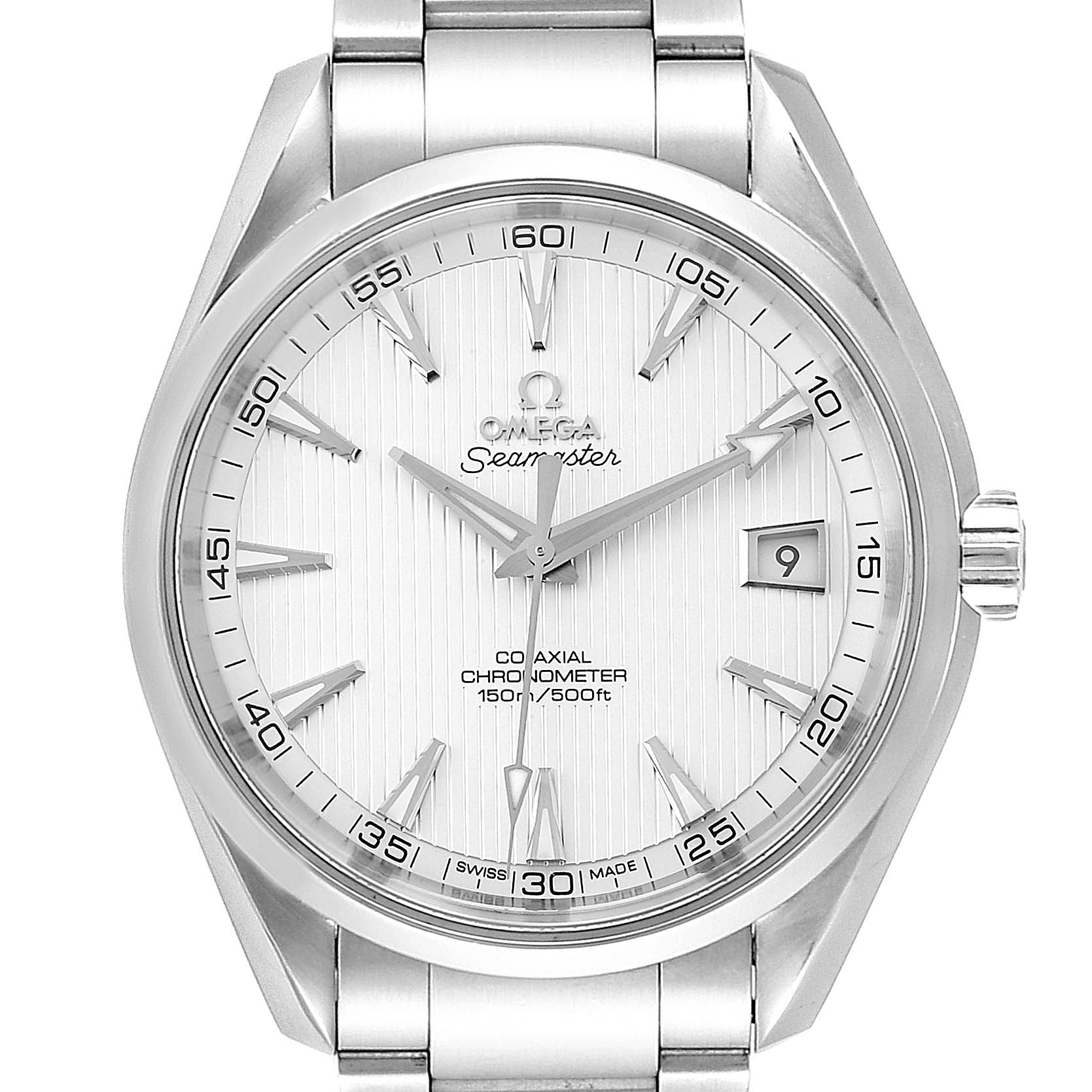 The image shows a front view of the Omega Aqua Terra 231.10.42.21.02.001 Men
s Stainless Steel Silver Dial 231.10.42.21.02.001 Men
s Stainless Steel Silver Dial model, highlighting the dial, hands, bezel, and part of the bracelet.