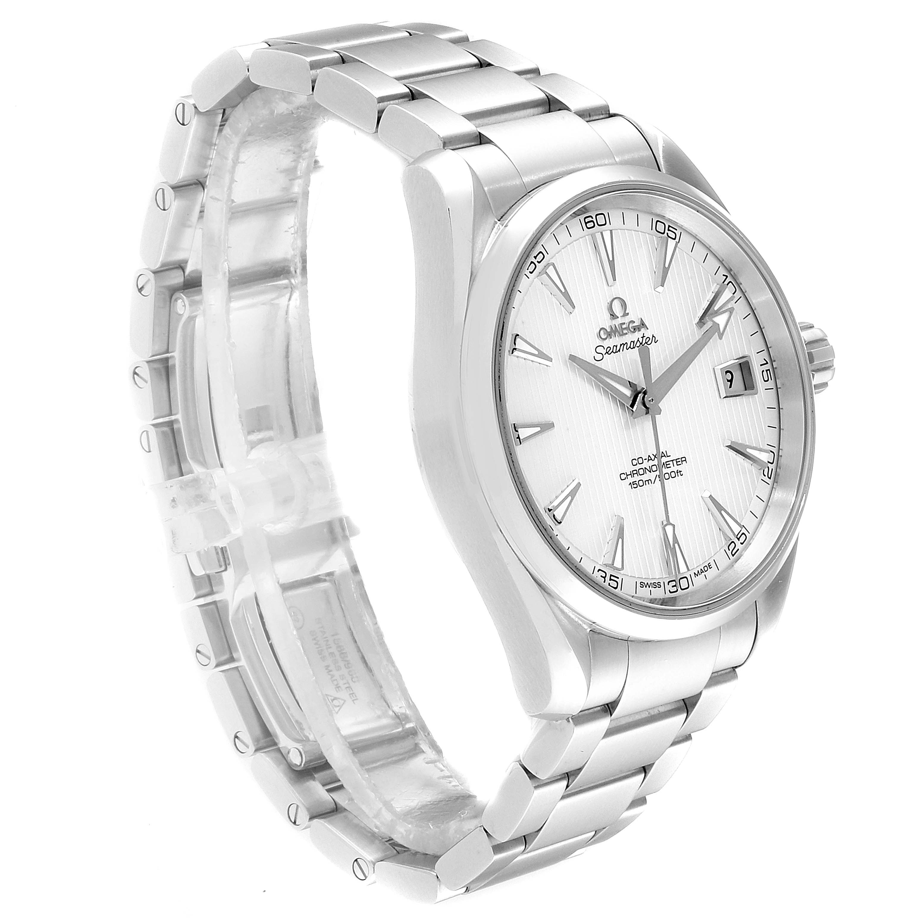 This Omega Aqua Terra 231.10.42.21.02.001 Men
s Stainless Steel Silver Dial 231.10.42.21.02.001 Men
s Stainless Steel Silver Dial watch is shown at a three-quarter angle, displaying the face, case, and part of the bracelet.