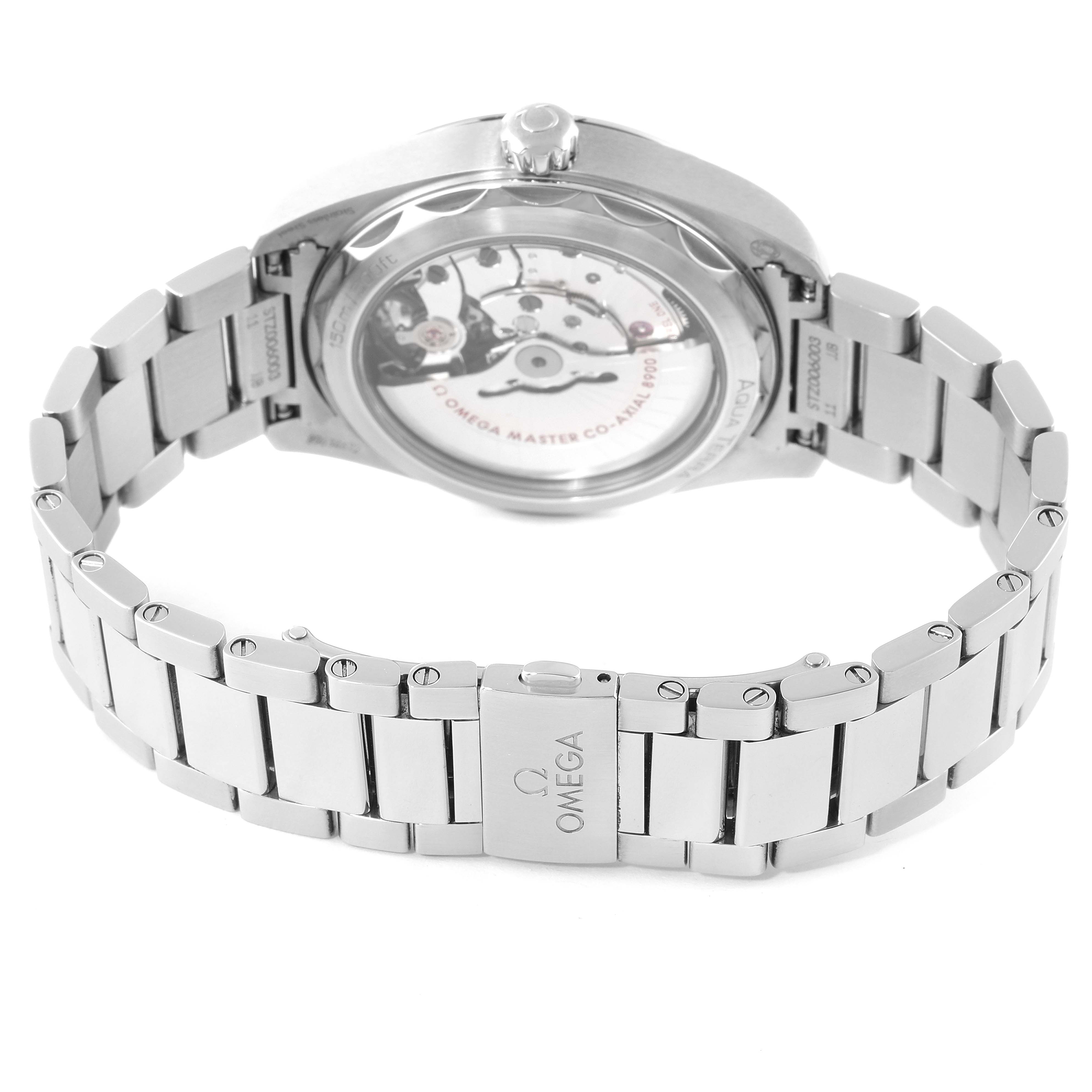 The image shows the back view of the Omega Aqua Terra 220.10.41.21.03.002 Men's Stainless Steel Blue Dial 220.10.41.21.03.002 Men's Stainless Steel Blue Dial watch, displaying its movement and stainless steel bracelet.