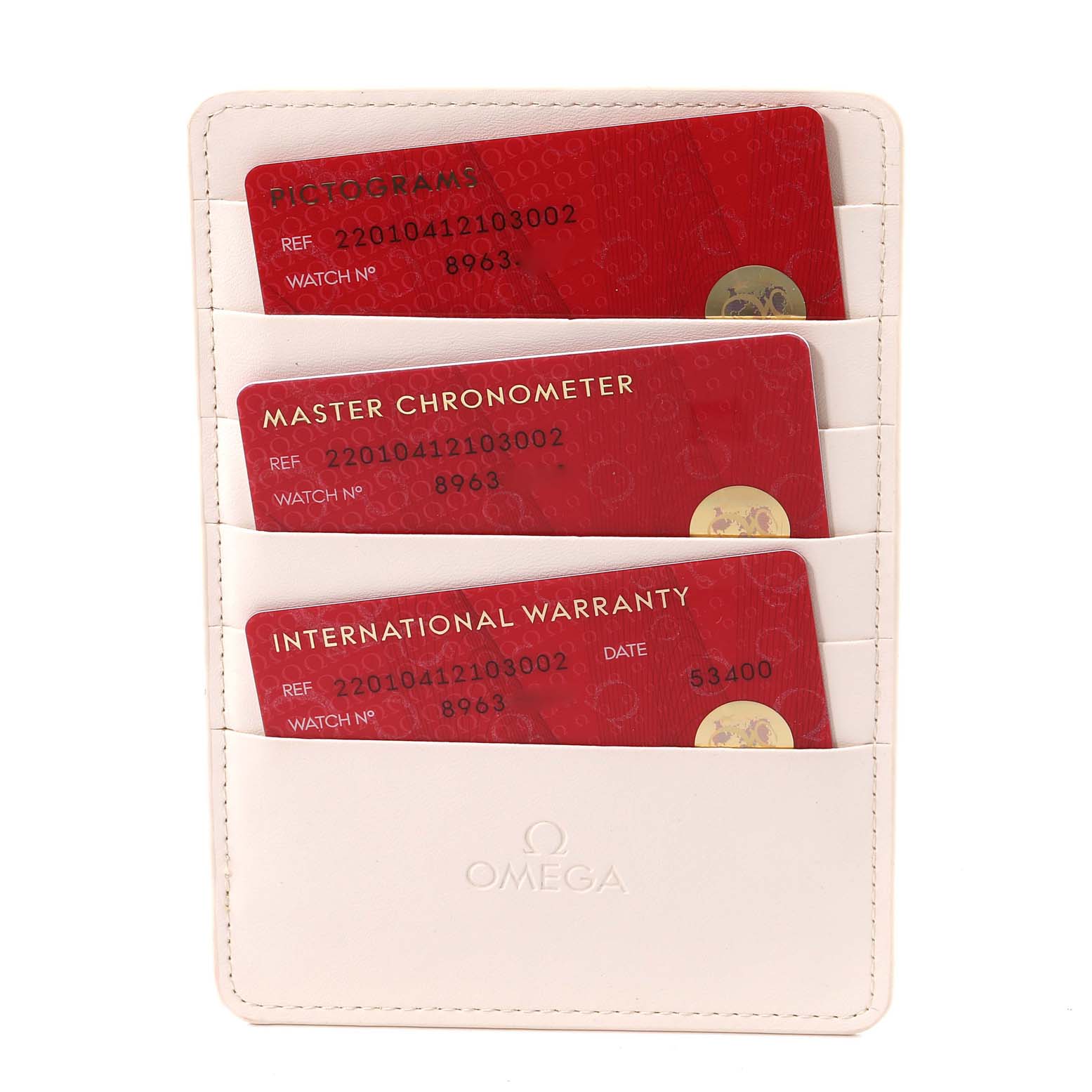 The image shows a white cardholder with three red informational and warranty cards for the Omega Aqua Terra 220.10.41.21.03.002 Men's Stainless Steel Blue Dial 220.10.41.21.03.002 Men's Stainless Steel Blue Dial watch model.