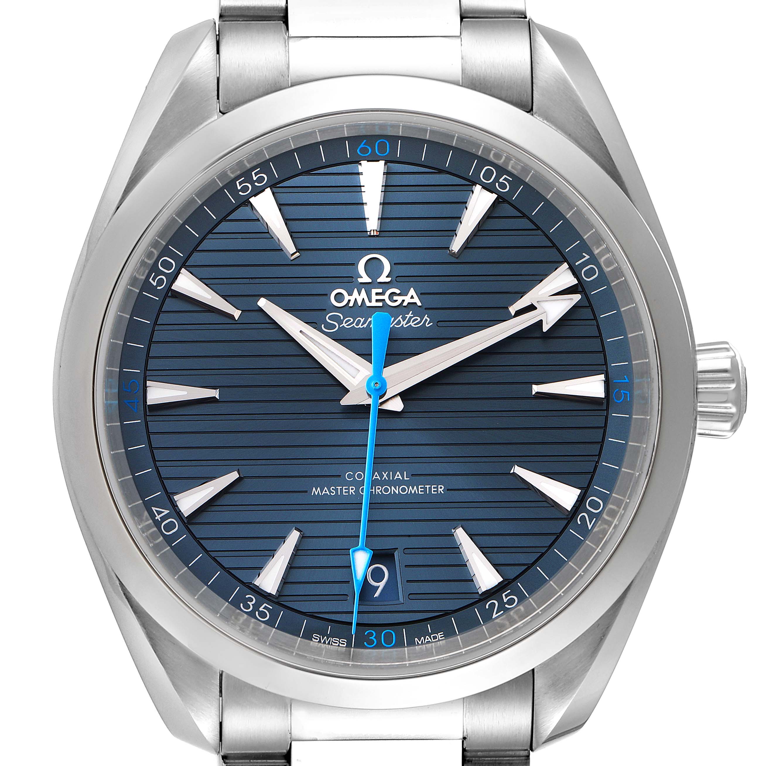 This is a frontal view of the Omega Aqua Terra 220.10.41.21.03.002 Men's Stainless Steel Blue Dial 220.10.41.21.03.002 Men's Stainless Steel Blue Dial watch, showcasing its blue dial, hands, indices, crown, and part of the bracelet.