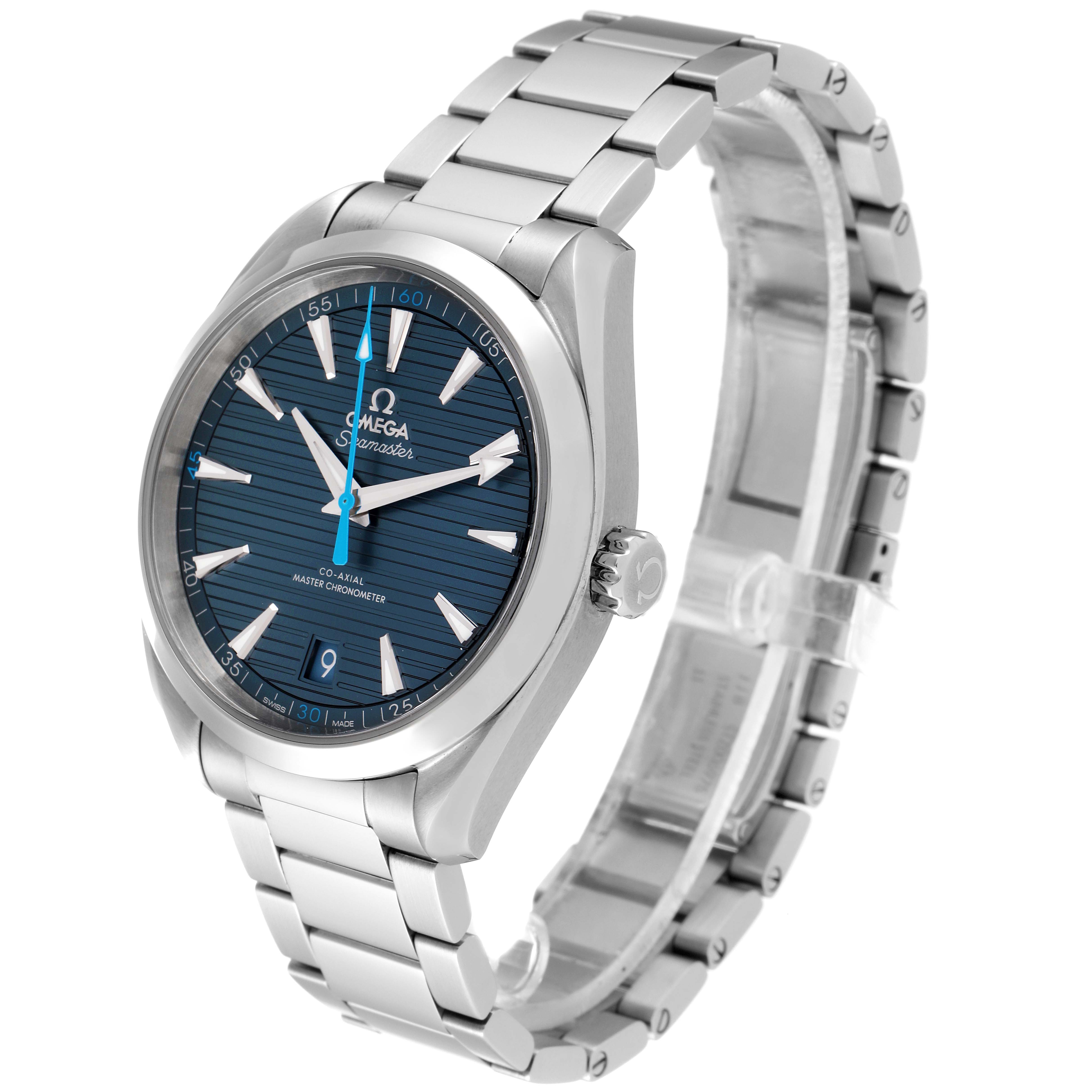 The Omega Aqua Terra 220.10.41.21.03.002 Men's Stainless Steel Blue Dial 220.10.41.21.03.002 Men's Stainless Steel Blue Dial watch is shown at a slight angle, highlighting its stainless steel bracelet and blue dial.