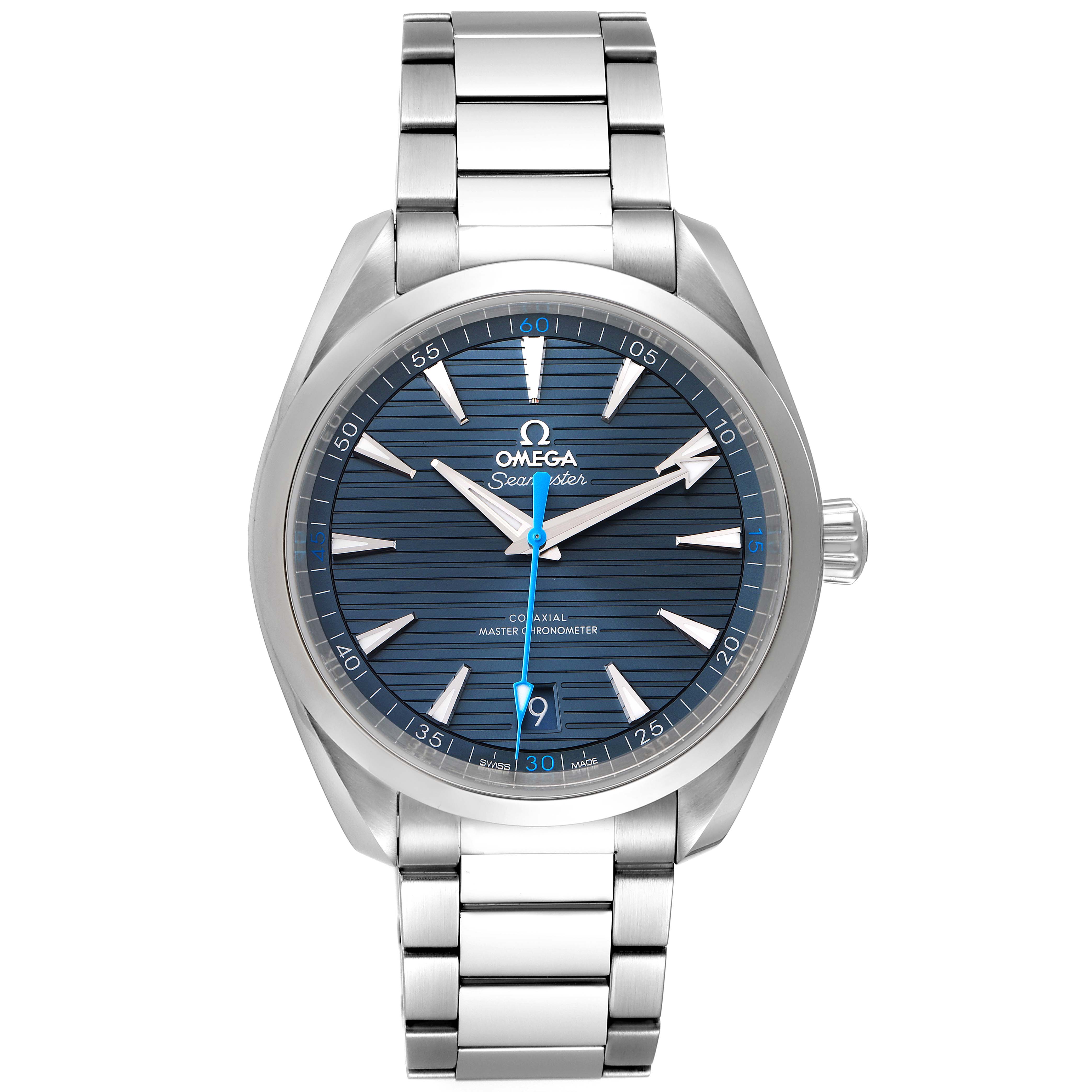 This image shows a frontal view of an Omega Aqua Terra 220.10.41.21.03.002 Men's Stainless Steel Blue Dial 220.10.41.21.03.002 Men's Stainless Steel Blue Dial watch, displaying its face, bezel, and metal bracelet.