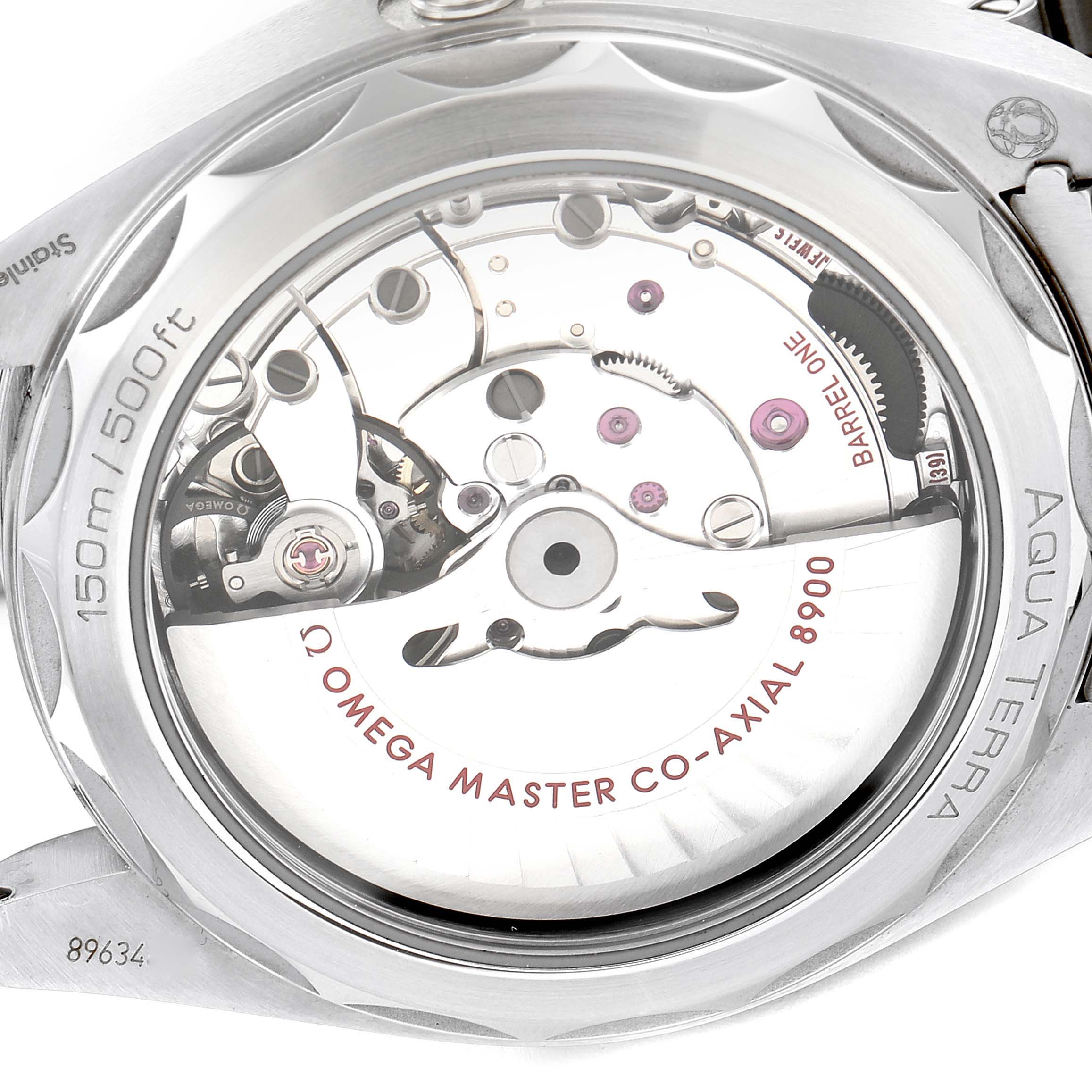 This image shows the back view of the Omega Aqua Terra 220.10.41.21.03.002 Men's Stainless Steel Blue Dial 220.10.41.21.03.002 Men's Stainless Steel Blue Dial watch, highlighting its movement and water resistance details.