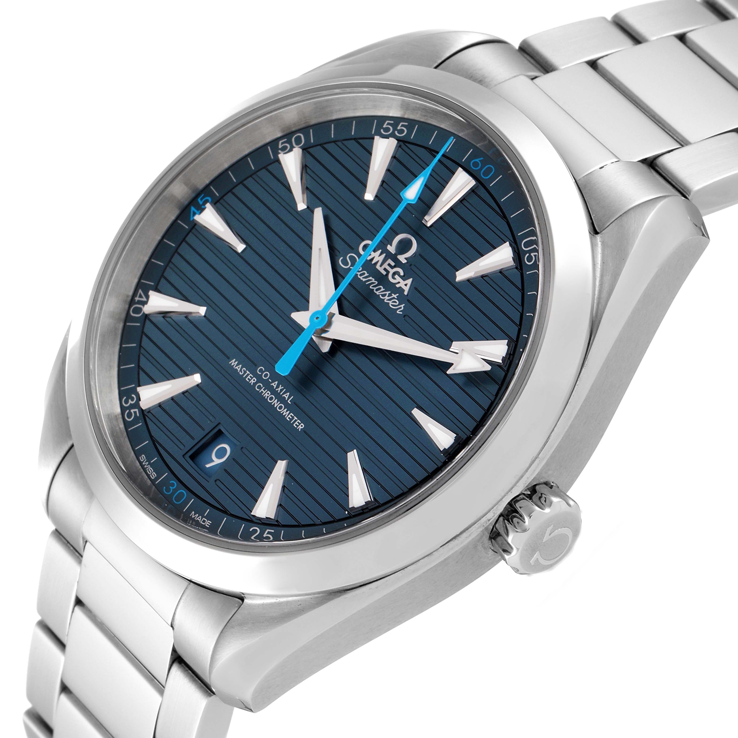 The image shows an angled view of the Omega Aqua Terra 220.10.41.21.03.002 Men's Stainless Steel Blue Dial 220.10.41.21.03.002 Men's Stainless Steel Blue Dial watch, displaying its face, bezel, crown, and part of the bracelet.