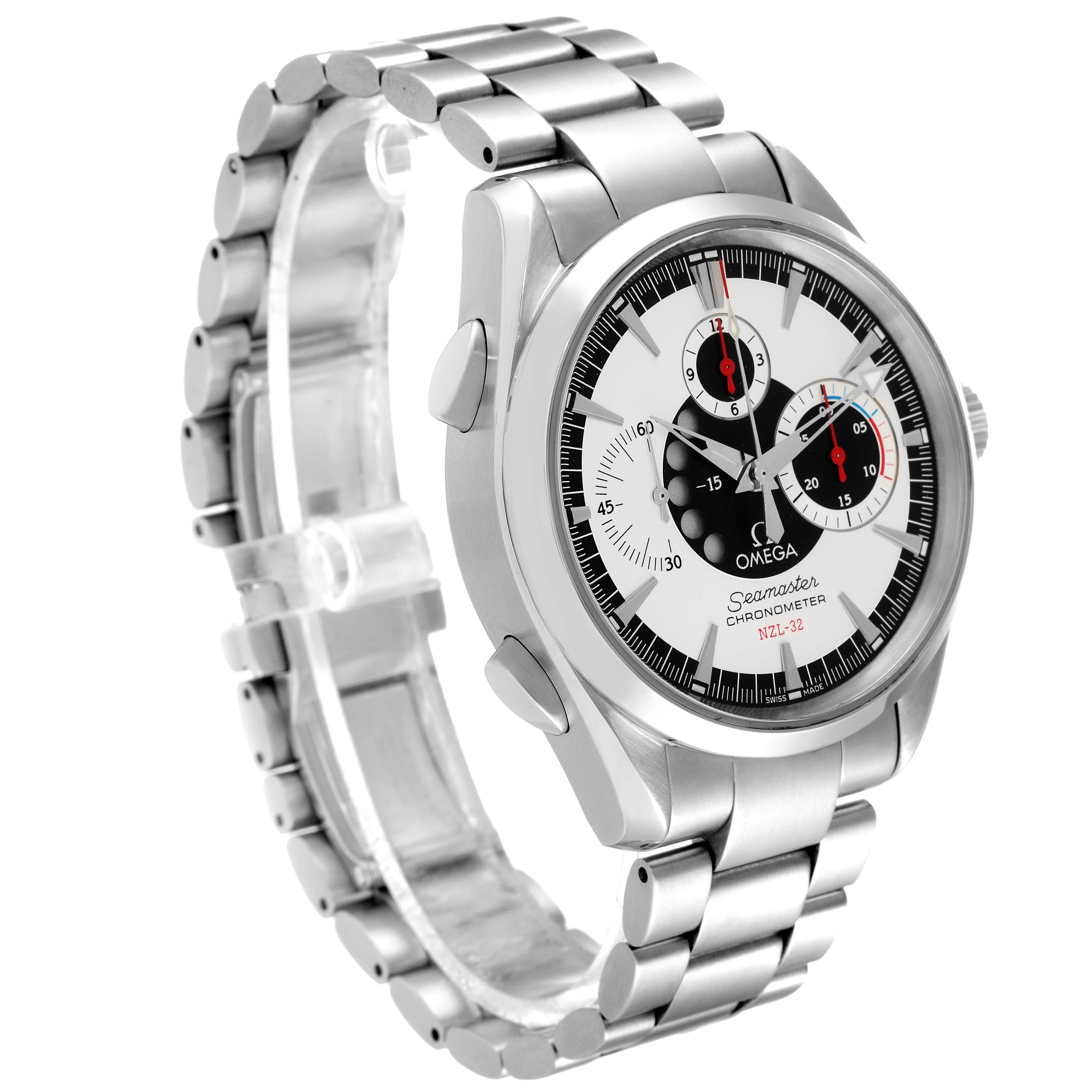 The image shows the Omega Aqua Terra 2513.30.00 Men
s Stainless Steel Silver Dial 2513.30.00 Men
s Stainless Steel Silver Dial watch at a left-side angle, displaying the face, case, and stainless steel bracelet.