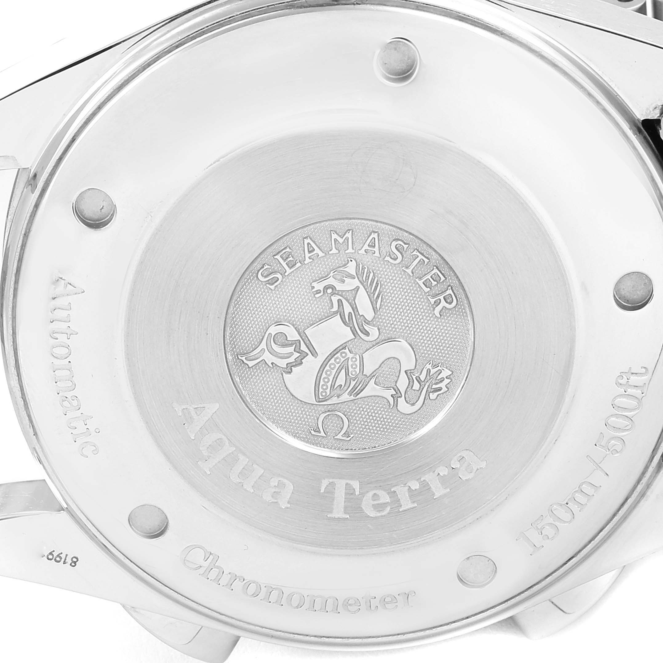 This image shows the case back of the Omega Seamaster Aqua Terra watch, highlighting its engravings and logo.
