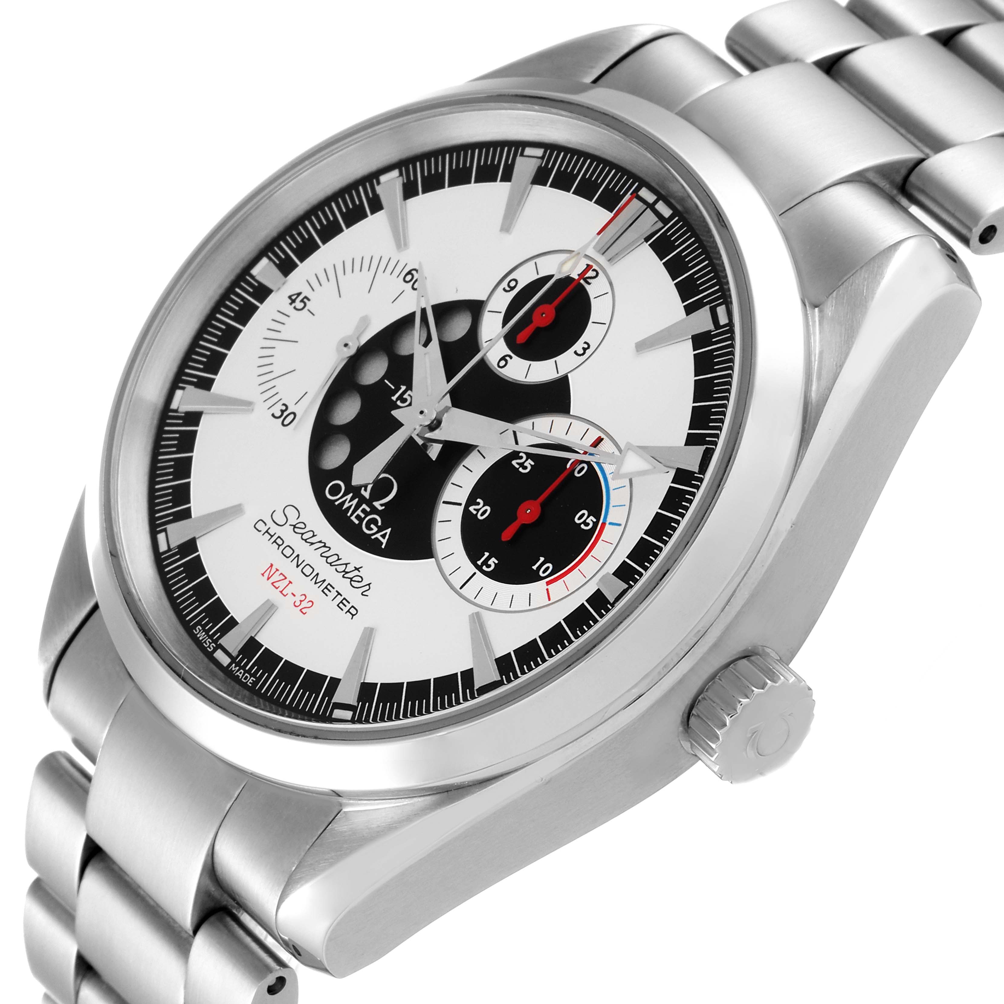 The Omega Aqua Terra 2513.30.00 Men
s Stainless Steel Silver Dial 2513.30.00 Men
s Stainless Steel Silver Dial watch is shown from an angled side view, highlighting its dial, crown, and metal bracelet.