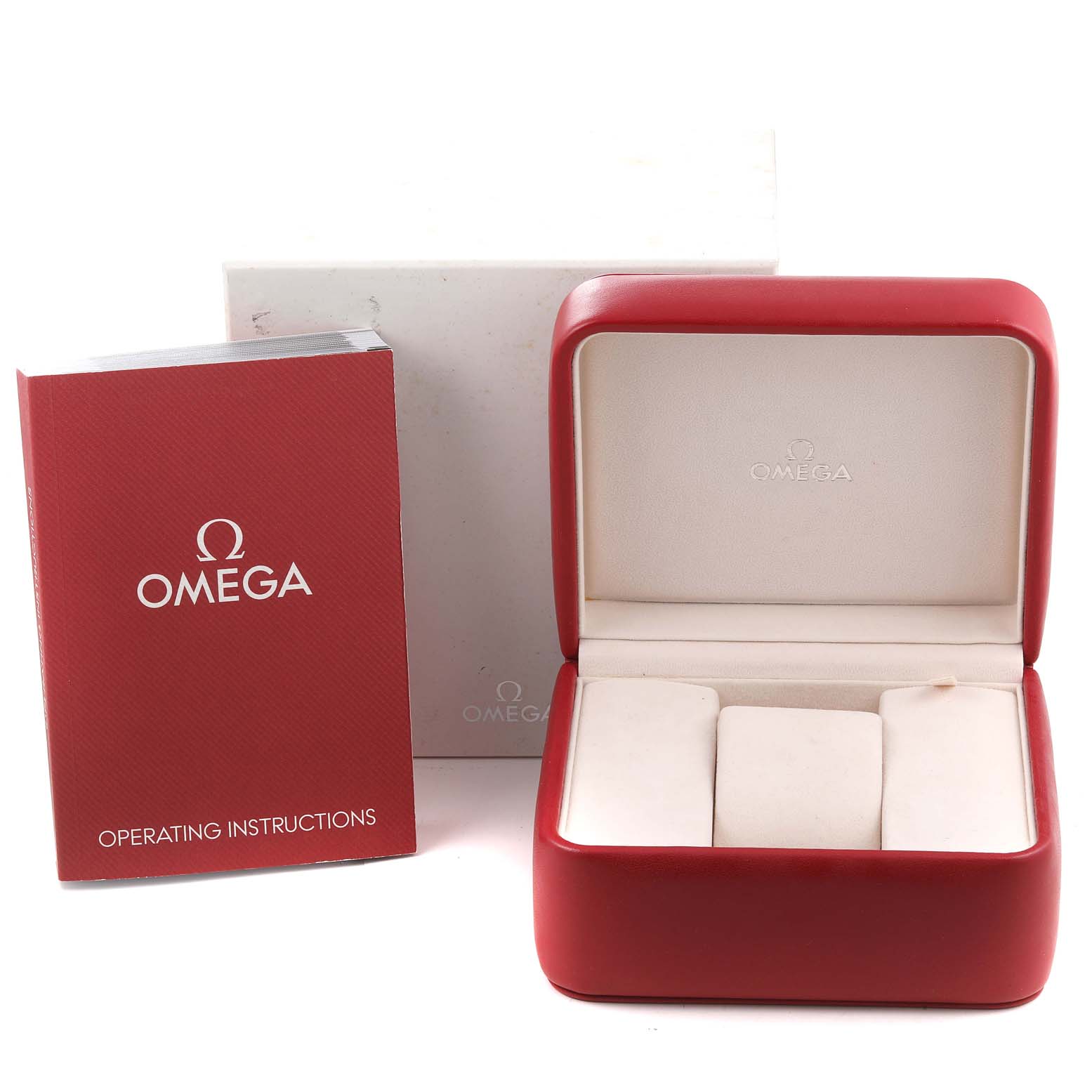 The image shows the packaging and operating instructions for the Omega Aqua Terra 2513.30.00 Men
s Stainless Steel Silver Dial 2513.30.00 Men
s Stainless Steel Silver Dial model, featuring the open watch box and manual.