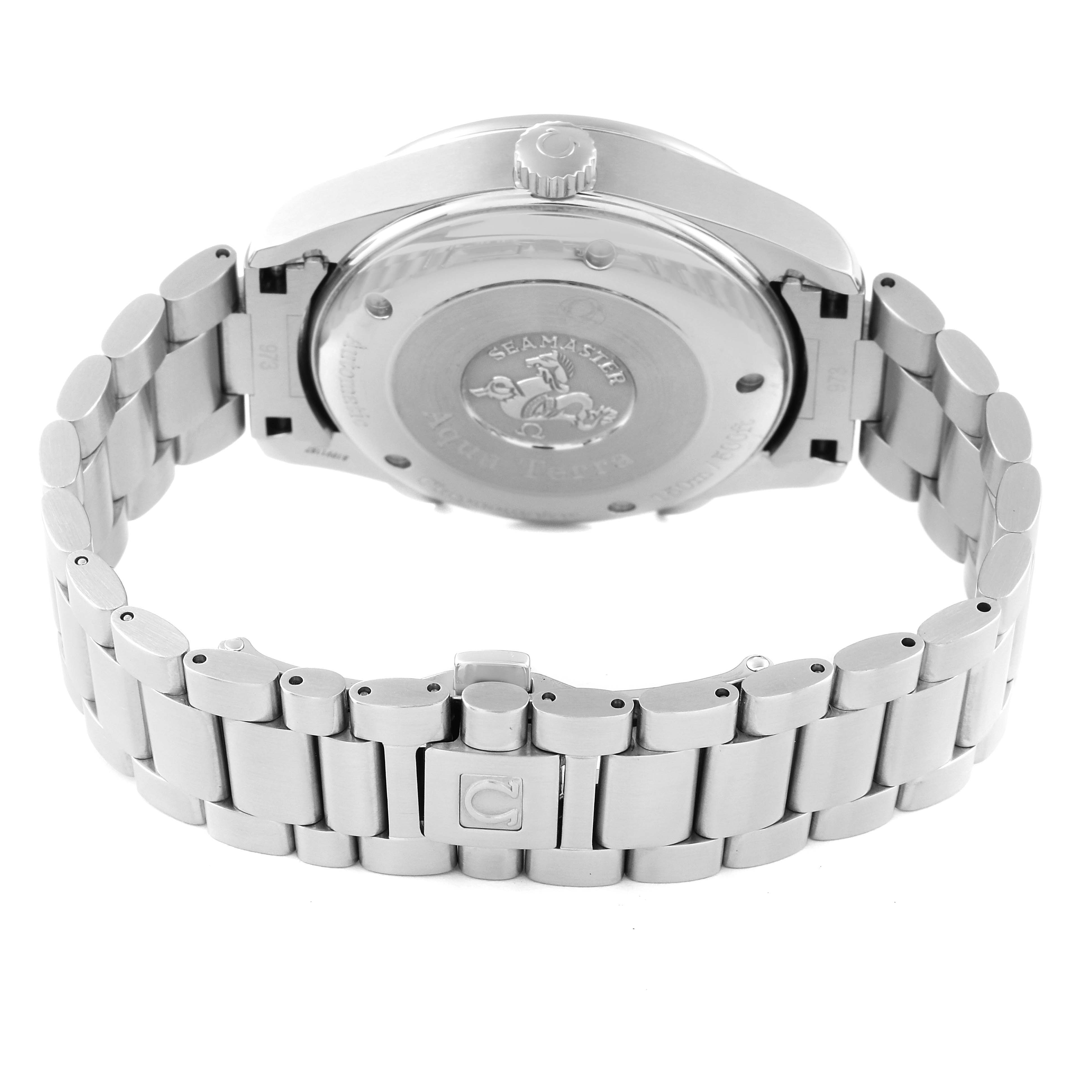 The image shows the back case and metal bracelet of the Omega Aqua Terra 2513.30.00 Men
s Stainless Steel Silver Dial 2513.30.00 Men
s Stainless Steel Silver Dial watch.