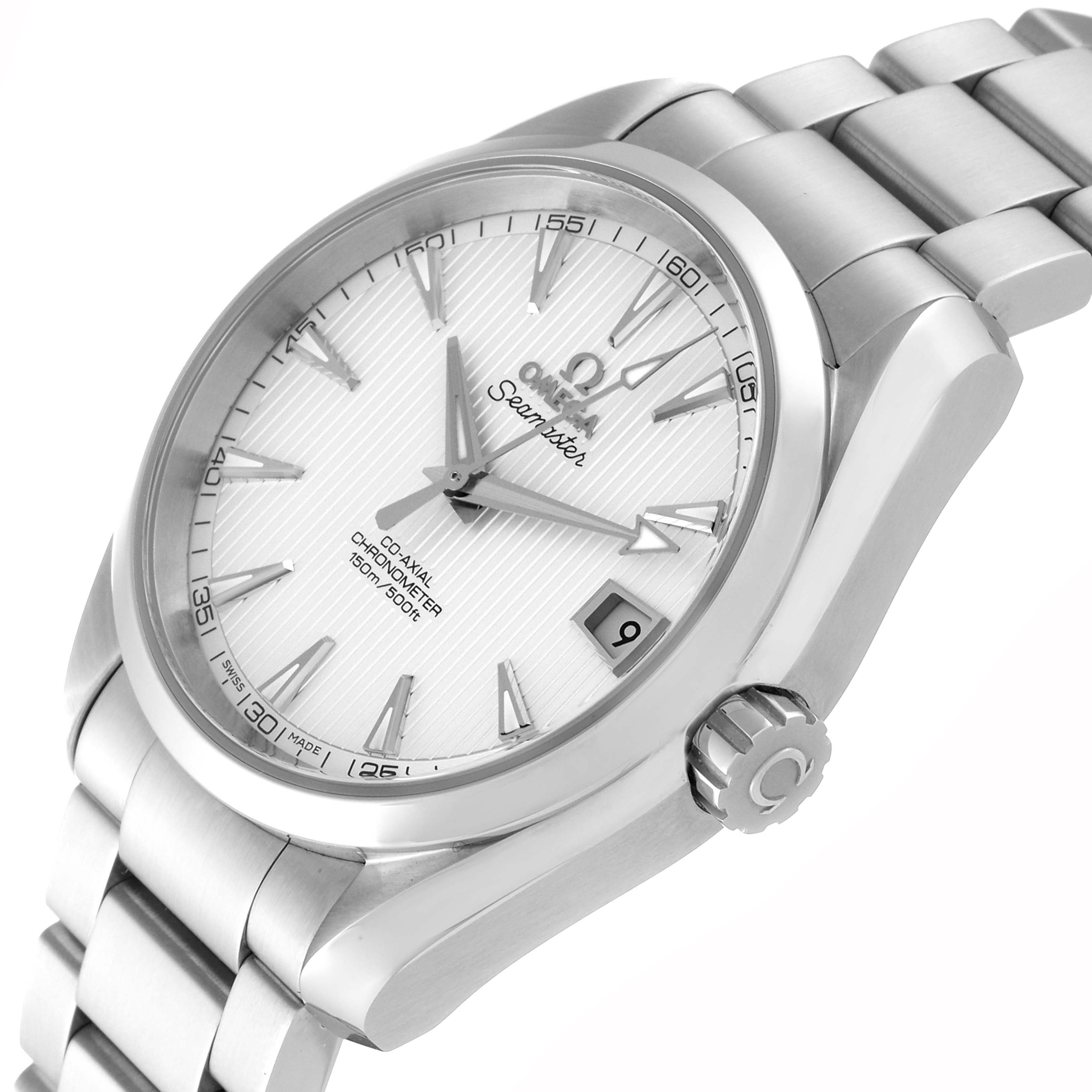 The Omega Aqua Terra 231.10.39.21.02.001 Men's Stainless Steel Silver Dial 231.10.39.21.02.001 Men's Stainless Steel Silver Dial watch is shown at an angled view, displaying its face, crown, and part of its bracelet.