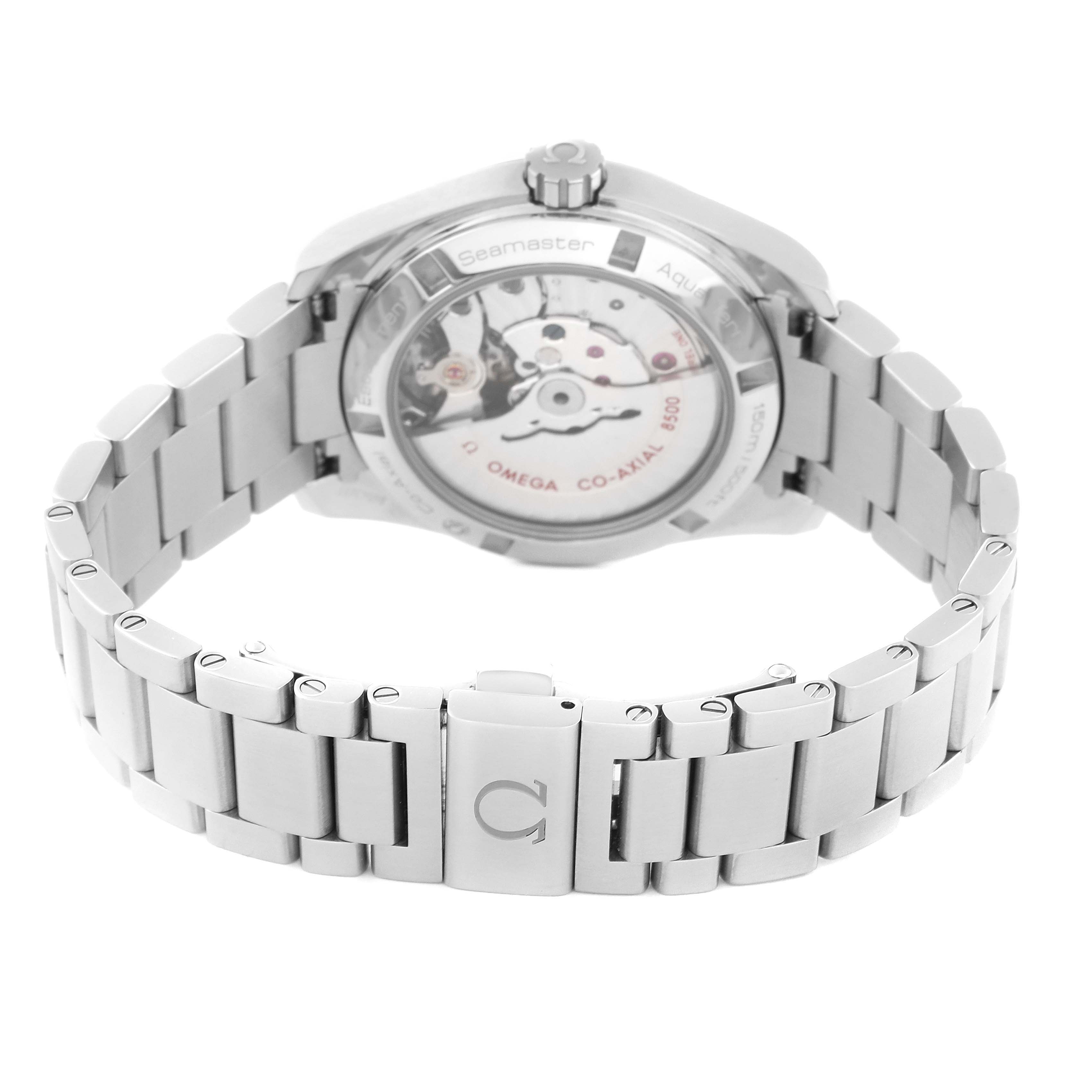 The image shows the back view of an Omega Aqua Terra 231.10.39.21.02.001 Men's Stainless Steel Silver Dial 231.10.39.21.02.001 Men's Stainless Steel Silver Dial watch, displaying its case back, bracelet, and clasp.
