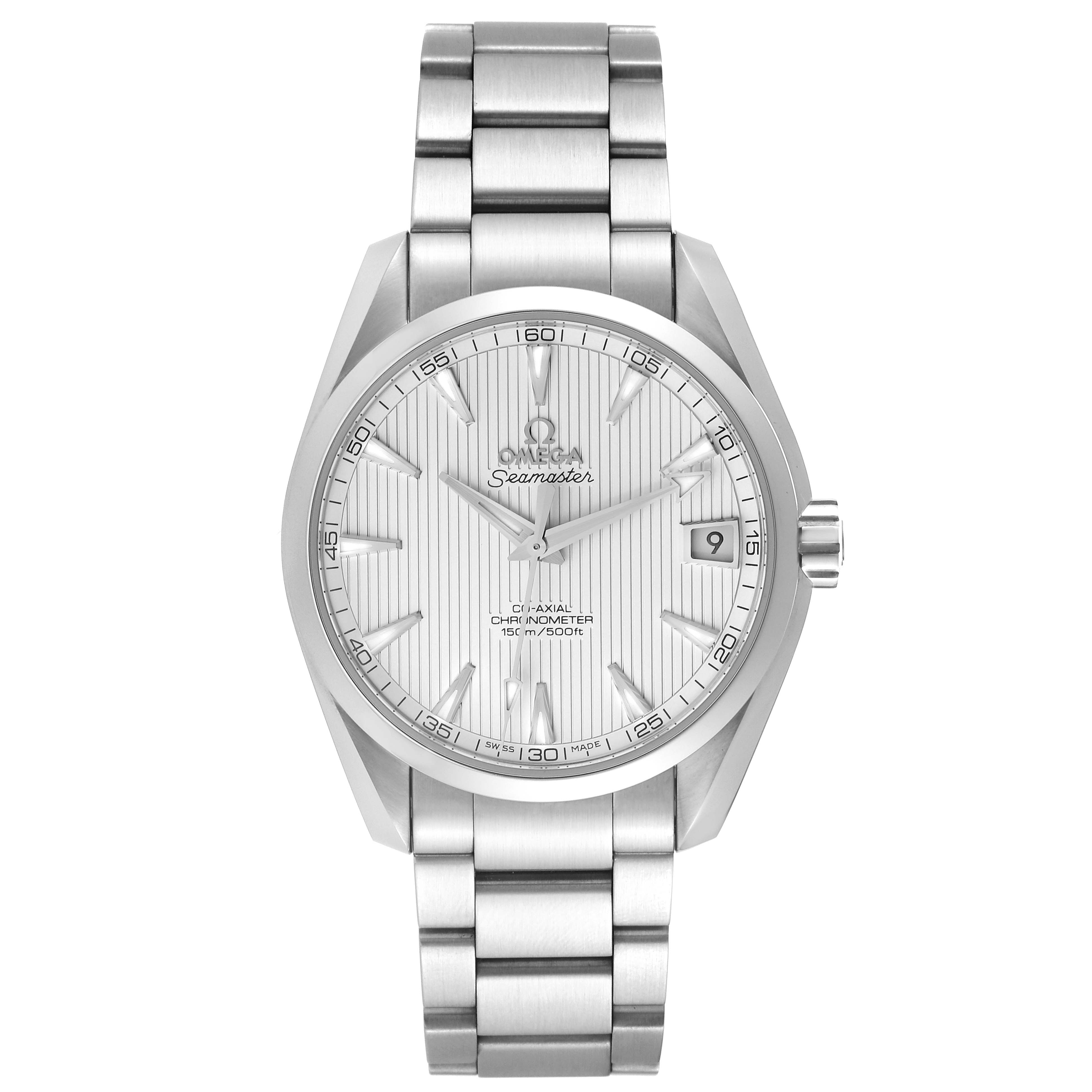 The Omega Aqua Terra 231.10.39.21.02.001 Men's Stainless Steel Silver Dial 231.10.39.21.02.001 Men's Stainless Steel Silver Dial watch is shown from the front, displaying the dial, bracelet, and bezel.