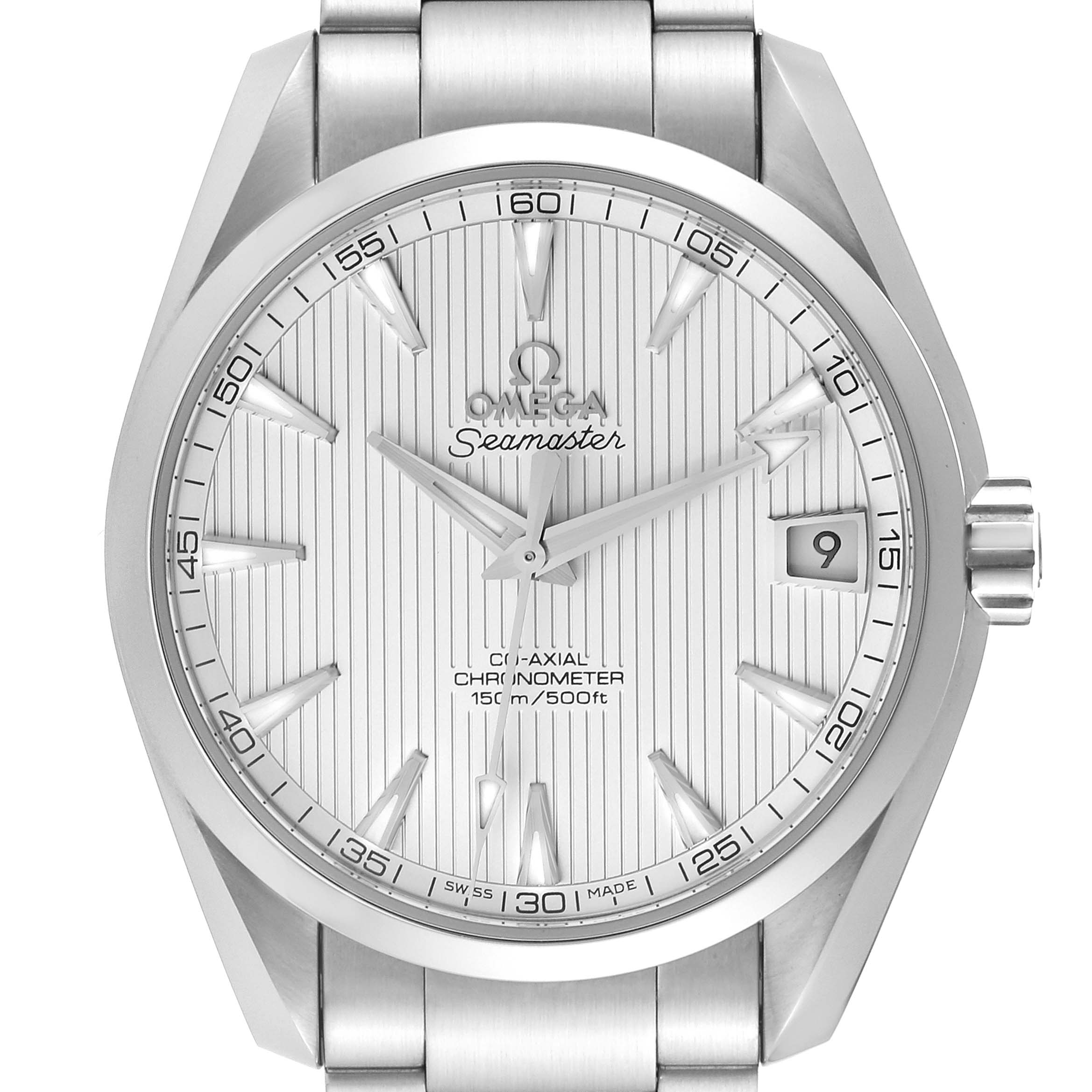 This image shows the front view of the Omega Aqua Terra 231.10.39.21.02.001 Men's Stainless Steel Silver Dial 231.10.39.21.02.001 Men's Stainless Steel Silver Dial watch, highlighting its dial, hands, date window, and bezel.