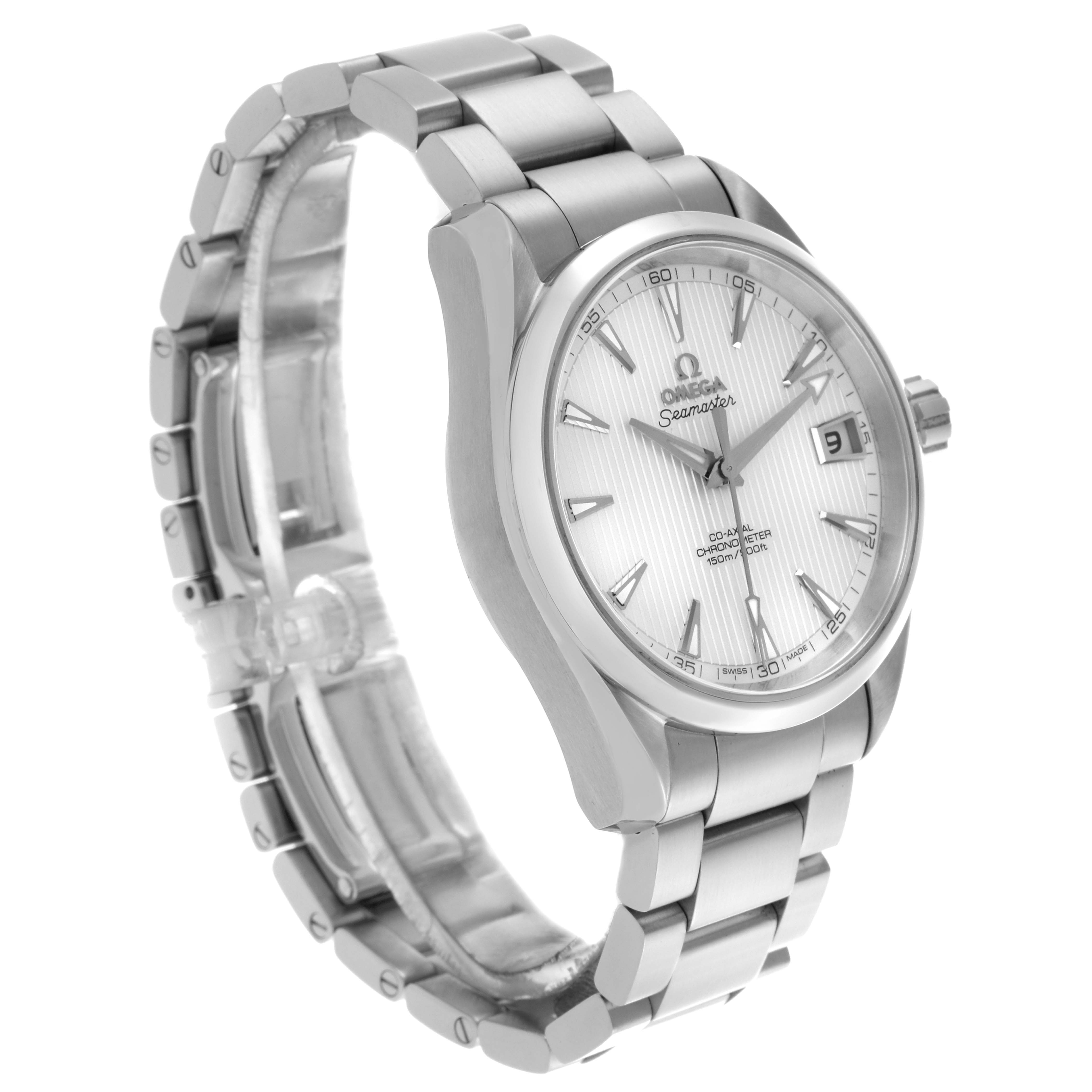 The Omega Aqua Terra 231.10.39.21.02.001 Men's Stainless Steel Silver Dial 231.10.39.21.02.001 Men's Stainless Steel Silver Dial watch is shown from a three-quarter angle, highlighting the dial, bezel, crown, and part of the bracelet.