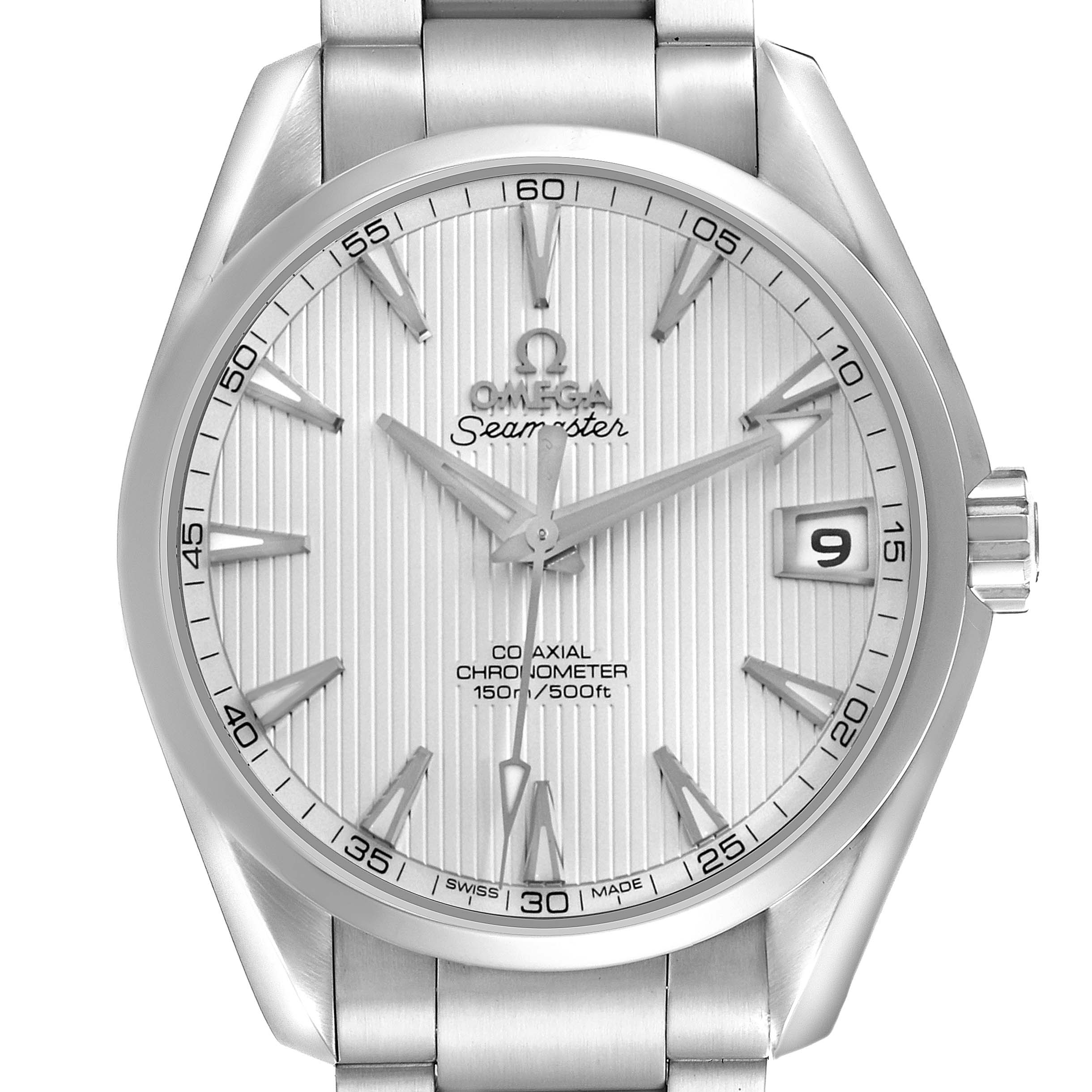The Omega Aqua Terra 231.10.39.21.02.001 Men's Stainless Steel Silver Dial 231.10.39.21.02.001 Men's Stainless Steel Silver Dial watch is shown from a front angle, highlighting the dial, hands, crown, and part of the bracelet.