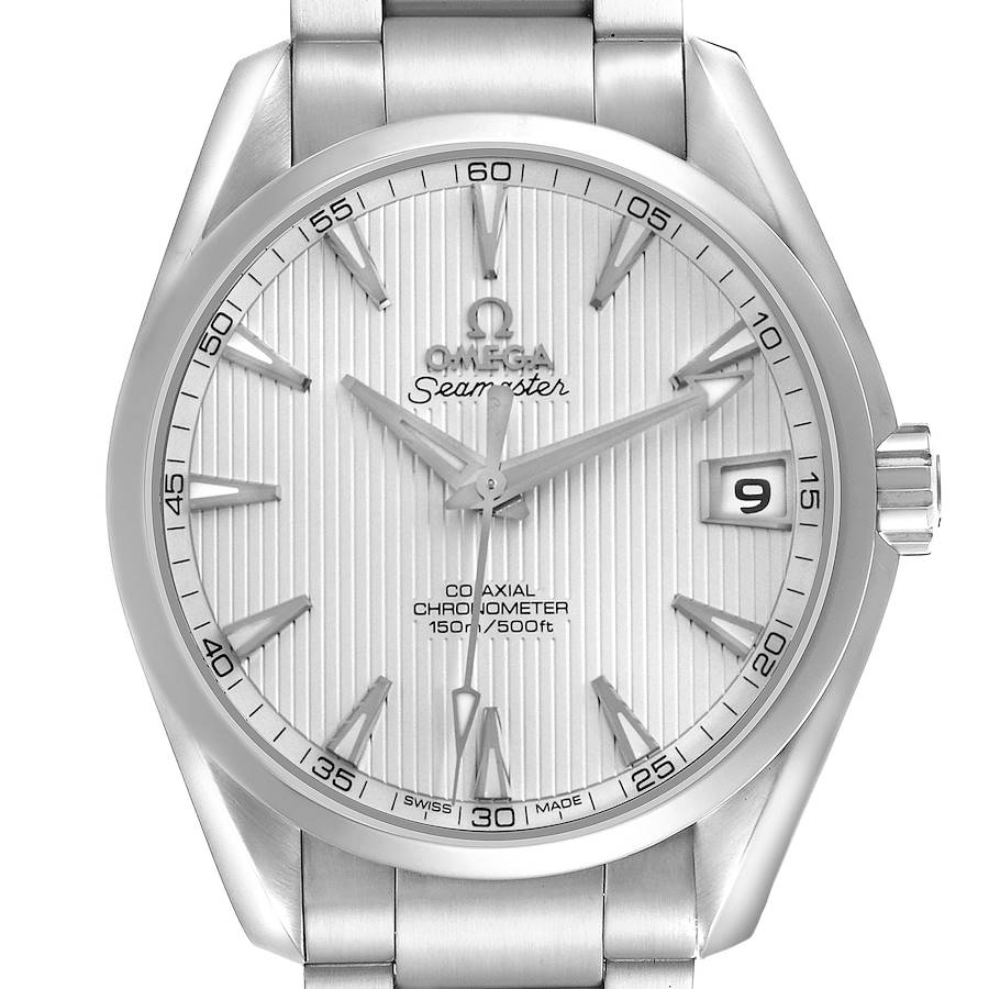 The Omega Aqua Terra watch is shown from a front angle, highlighting the dial, hands, crown, and part of the bracelet.