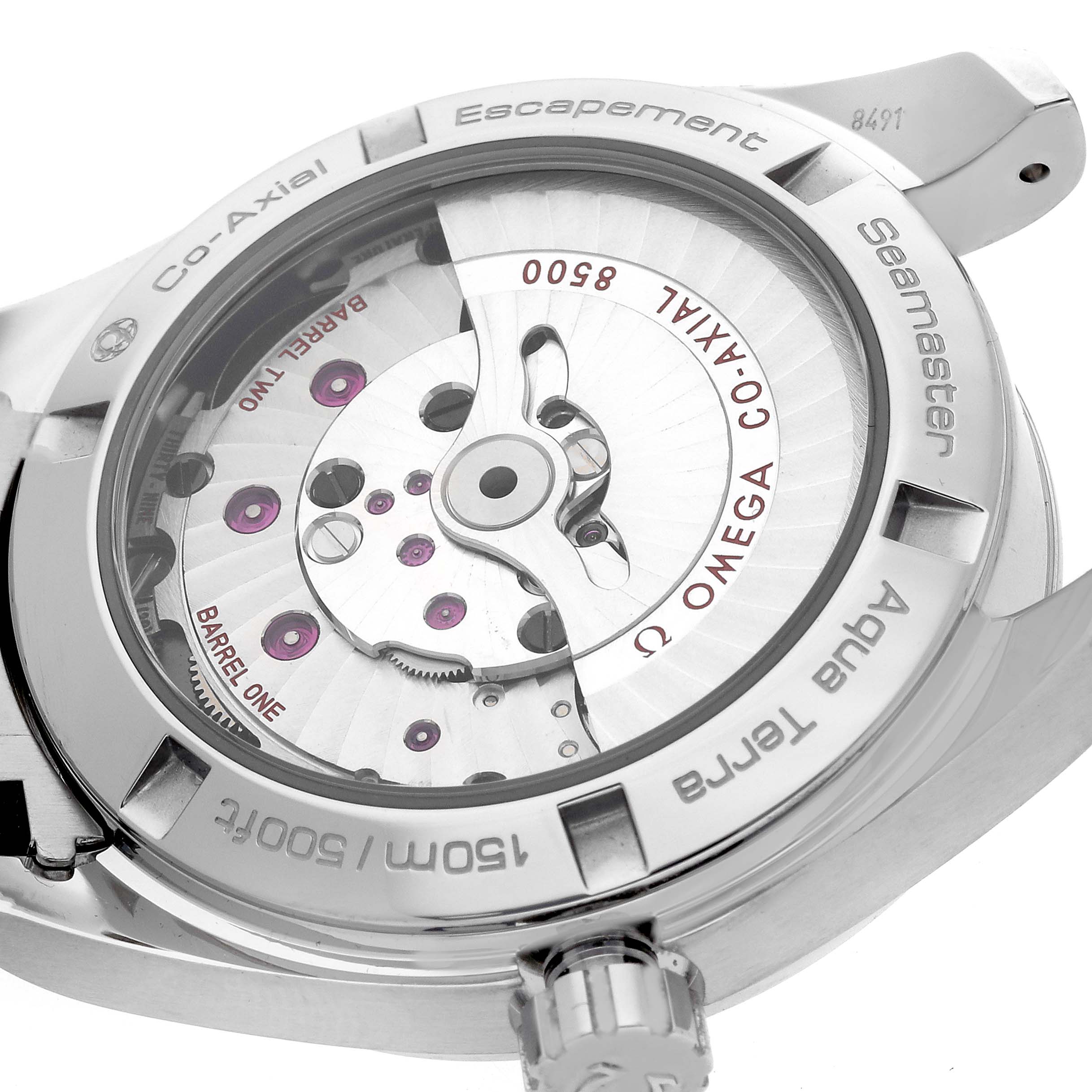 The image shows the back view of the Omega Aqua Terra 231.10.39.21.02.001 Men's Stainless Steel Silver Dial 231.10.39.21.02.001 Men's Stainless Steel Silver Dial watch, highlighting the Co-Axial movement and detailed engraving.