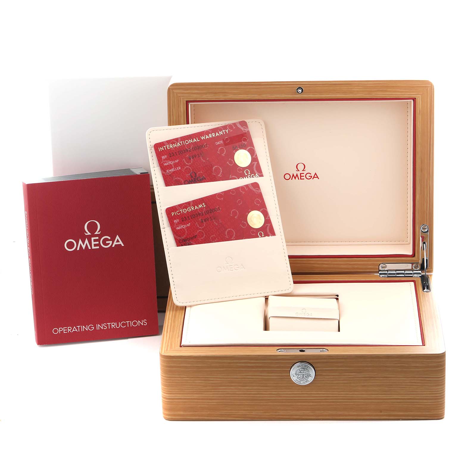 The image shows an Omega Aqua Terra 231.10.39.21.02.001 Men's Stainless Steel Silver Dial 231.10.39.21.02.001 Men's Stainless Steel Silver Dial watch box with its lid open, displaying warranty cards, a manual, and the inner compartment.