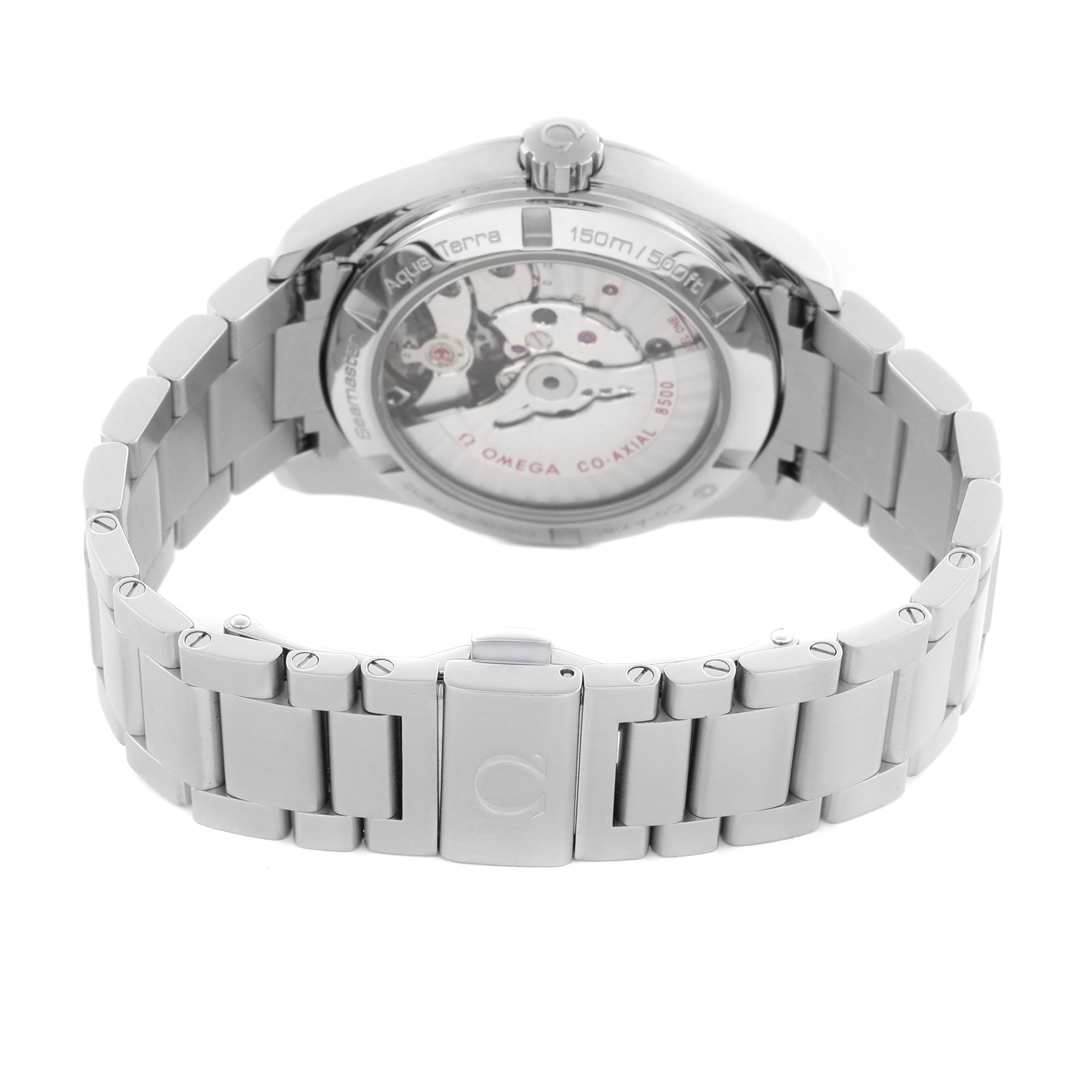 The image shows the Omega Aqua Terra 231.10.39.21.02.001 Men's Stainless Steel Silver Dial 231.10.39.21.02.001 Men's Stainless Steel Silver Dial watch from the back, displaying its transparent case back and bracelet.