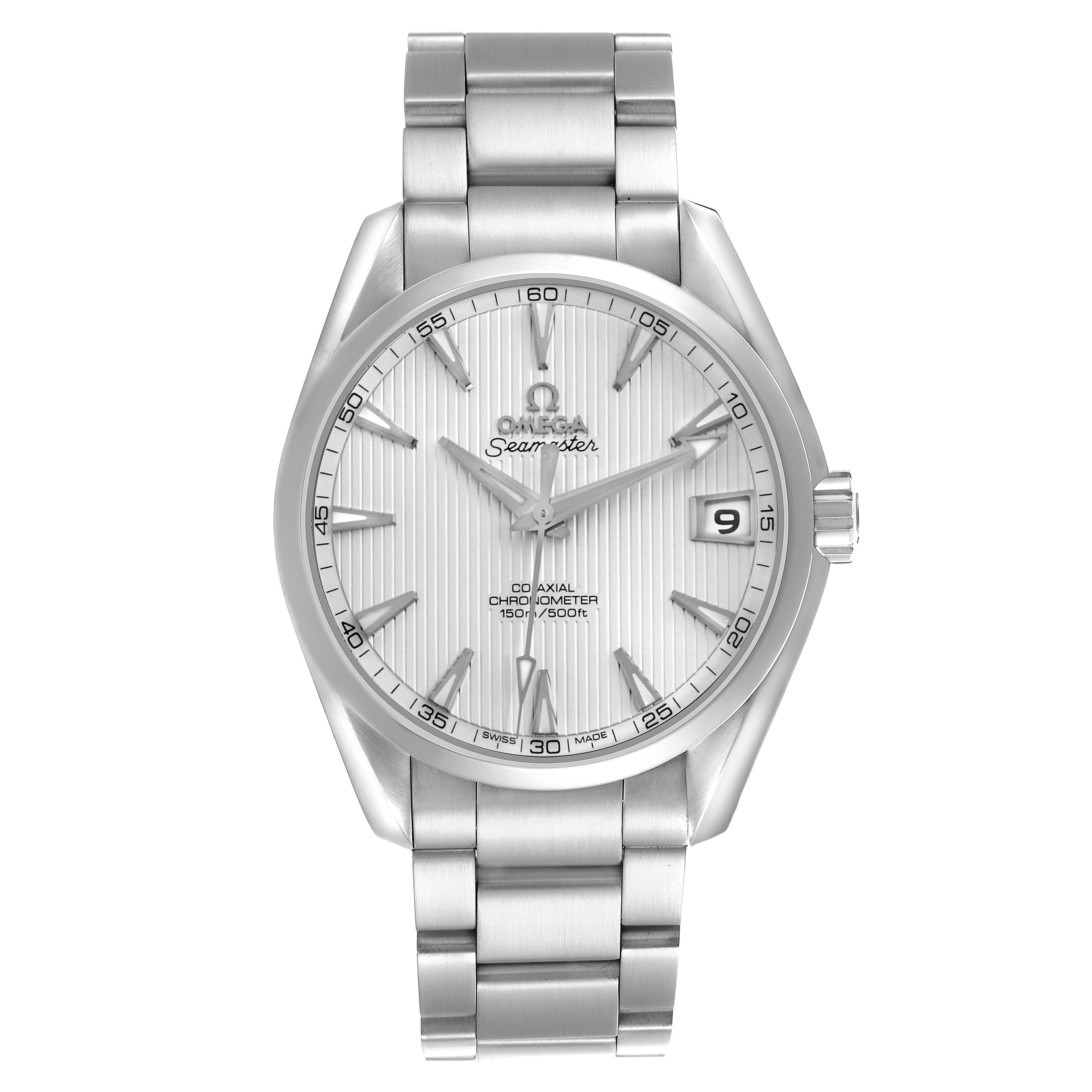 The Omega Aqua Terra 231.10.39.21.02.001 Men's Stainless Steel Silver Dial 231.10.39.21.02.001 Men's Stainless Steel Silver Dial watch is shown from the front, displaying the dial, hands, bracelet, and case.