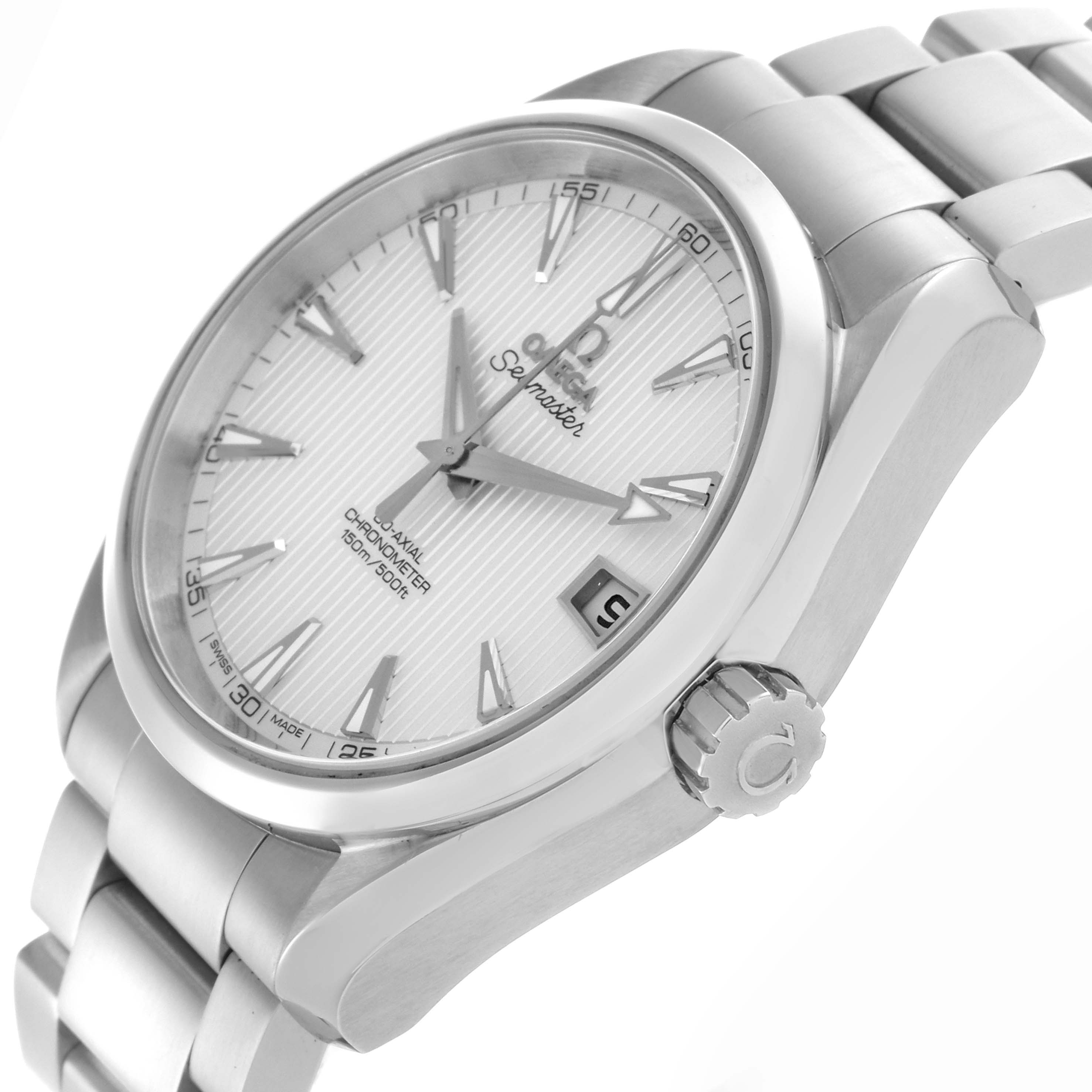 The Omega Aqua Terra 231.10.39.21.02.001 Men's Stainless Steel Silver Dial 231.10.39.21.02.001 Men's Stainless Steel Silver Dial watch is shown at a three-quarter angle, highlighting the dial, crown, and part of the bracelet.