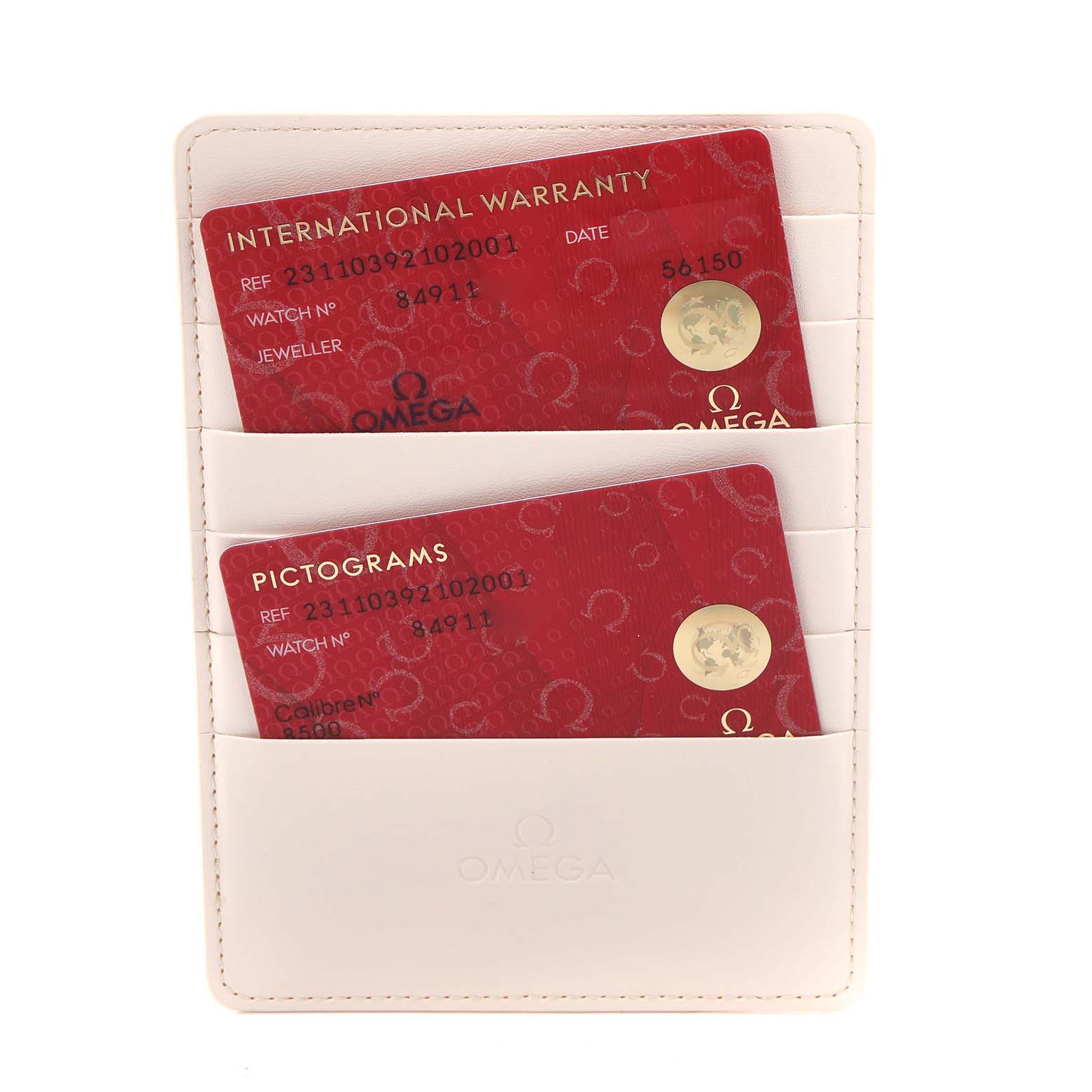 The image shows Omega Aqua Terra 231.10.39.21.02.001 Men's Stainless Steel Silver Dial 231.10.39.21.02.001 Men's Stainless Steel Silver Dial model documents, including warranty and pictogram cards in a holder.