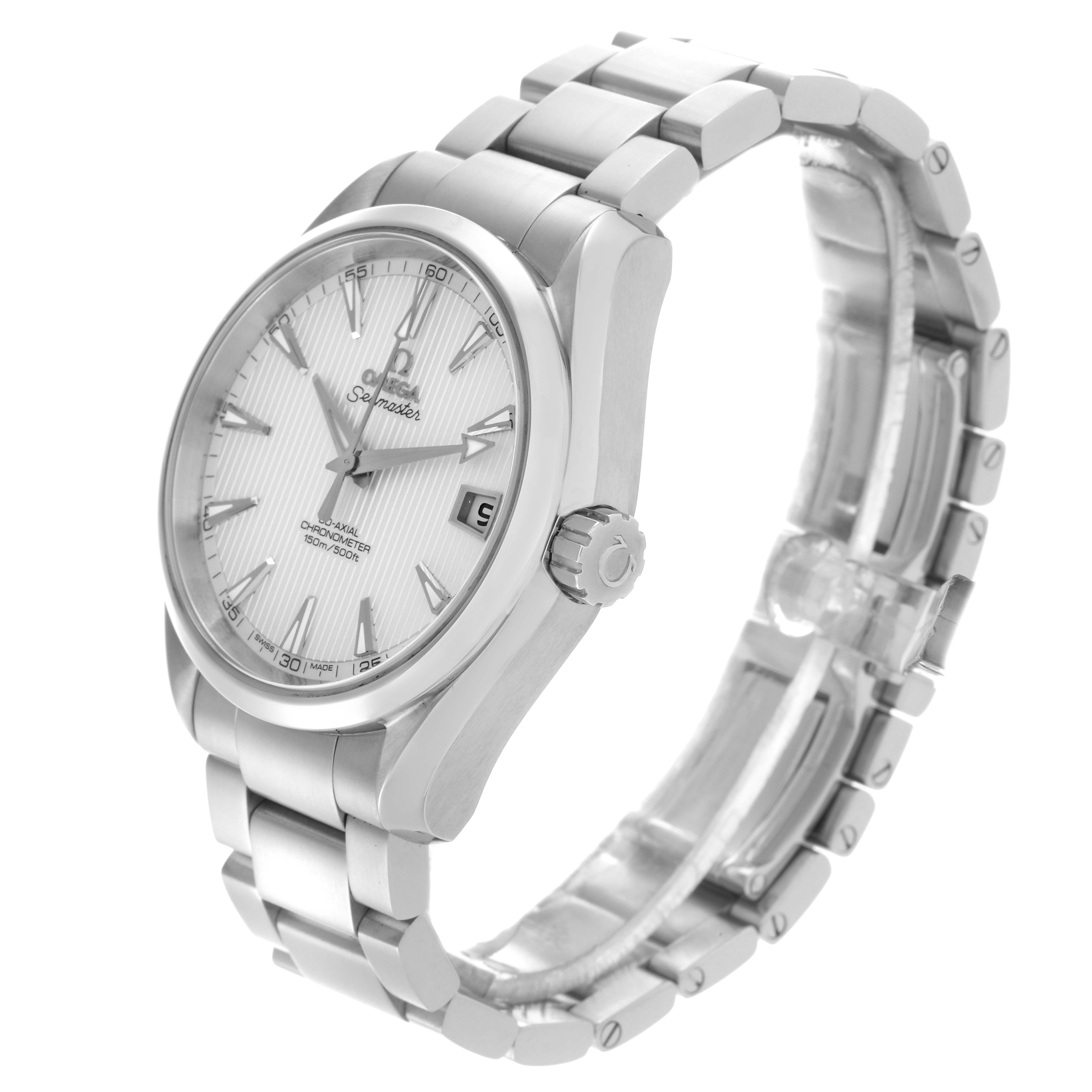 The Omega Aqua Terra 231.10.39.21.02.001 Men's Stainless Steel Silver Dial 231.10.39.21.02.001 Men's Stainless Steel Silver Dial watch is shown at an angled side view displaying the face, bezel, crown, and bracelet.