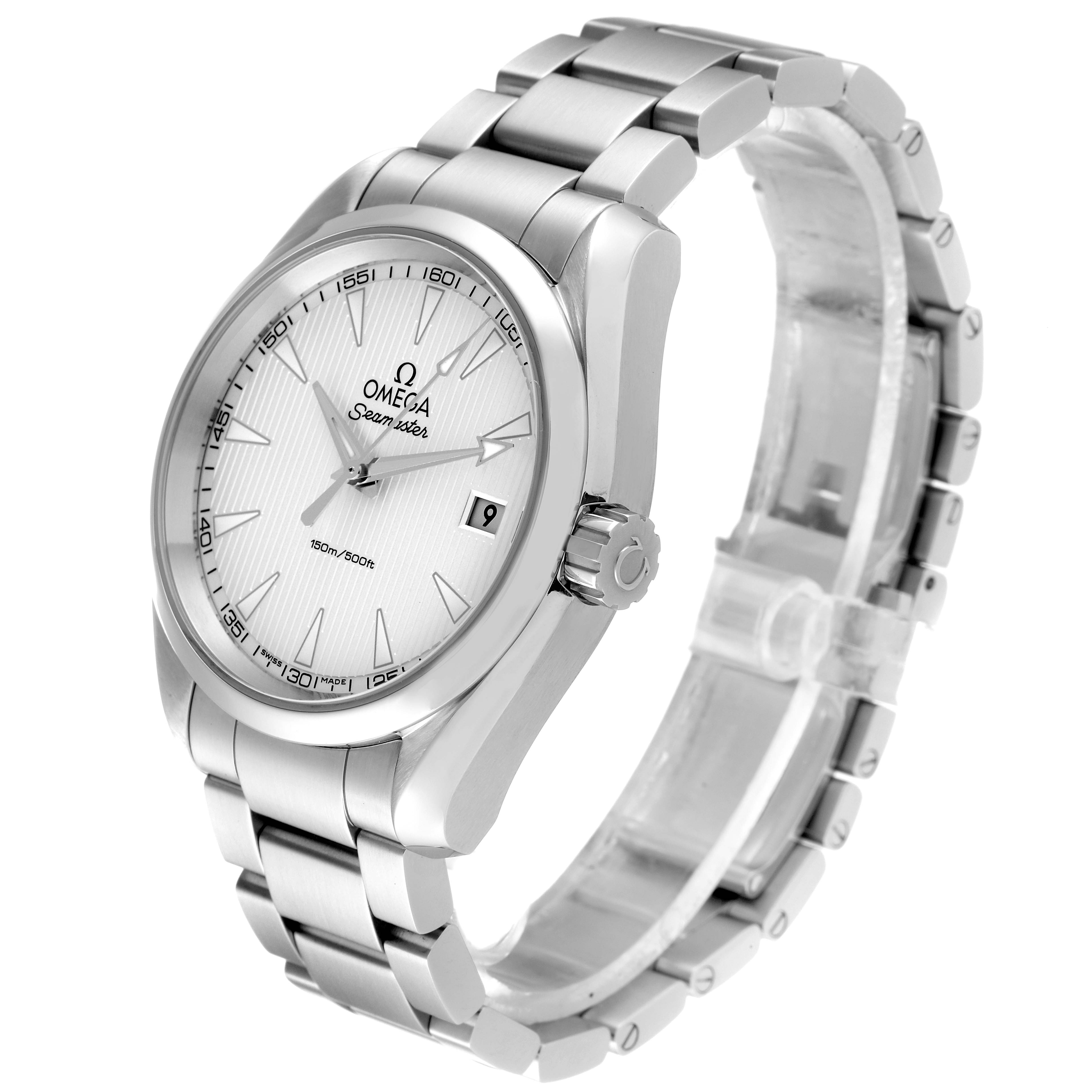 The Omega Aqua Terra 231.10.39.60.02.001 Men
s Stainless Steel Silver Dial 231.10.39.60.02.001 Men
s Stainless Steel Silver Dial watch is shown at an angled side view, displaying its face, bracelet, and crown.