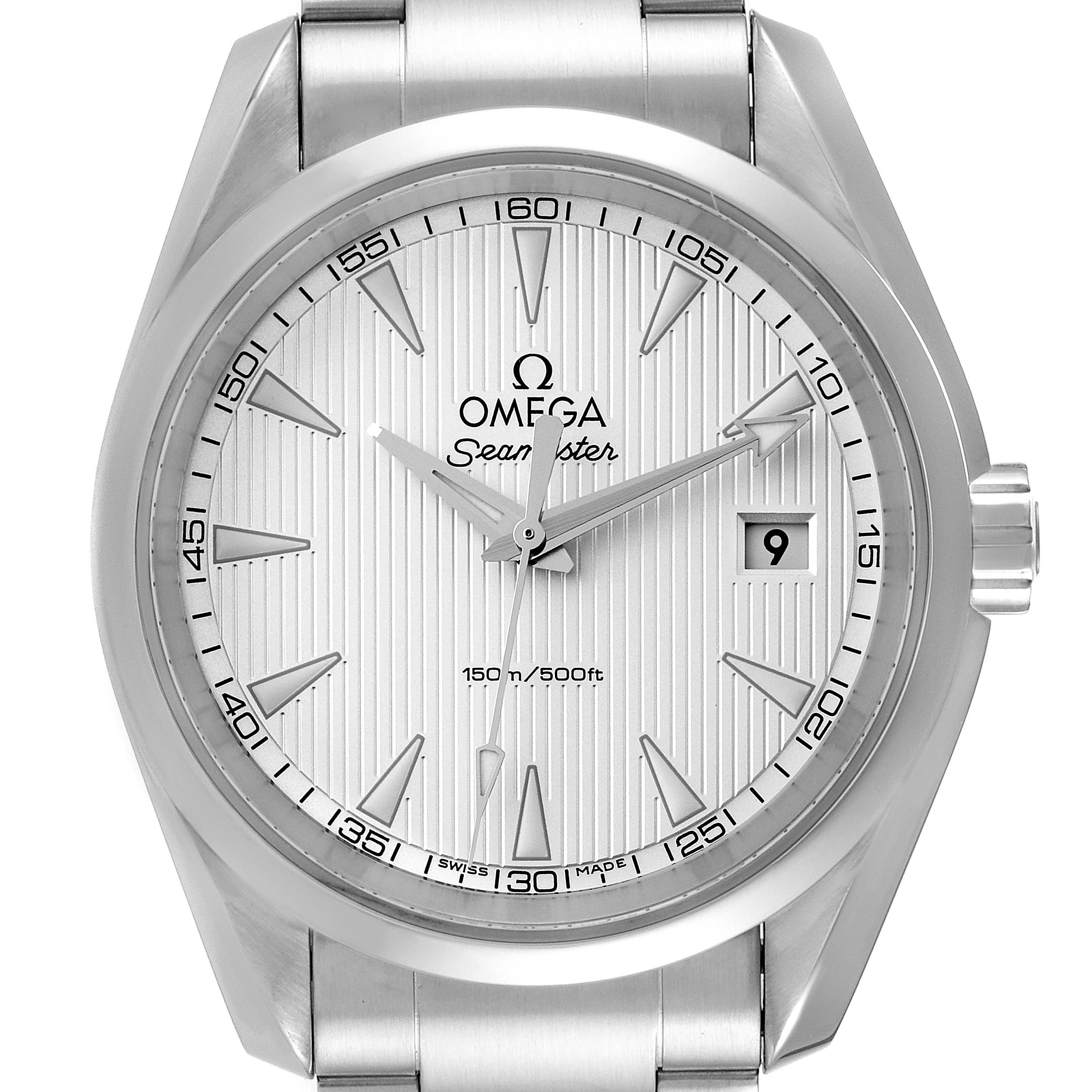 The Omega Aqua Terra 231.10.39.60.02.001 Men
s Stainless Steel Silver Dial 231.10.39.60.02.001 Men
s Stainless Steel Silver Dial watch is shown from the front, displaying the dial, hands, and date window.