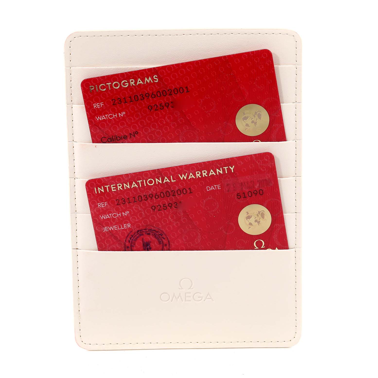 The image shows Omega Aqua Terra 231.10.39.60.02.001 Men
s Stainless Steel Silver Dial 231.10.39.60.02.001 Men
s Stainless Steel Silver Dial
s international warranty and pictograms cards in a white cardholder.