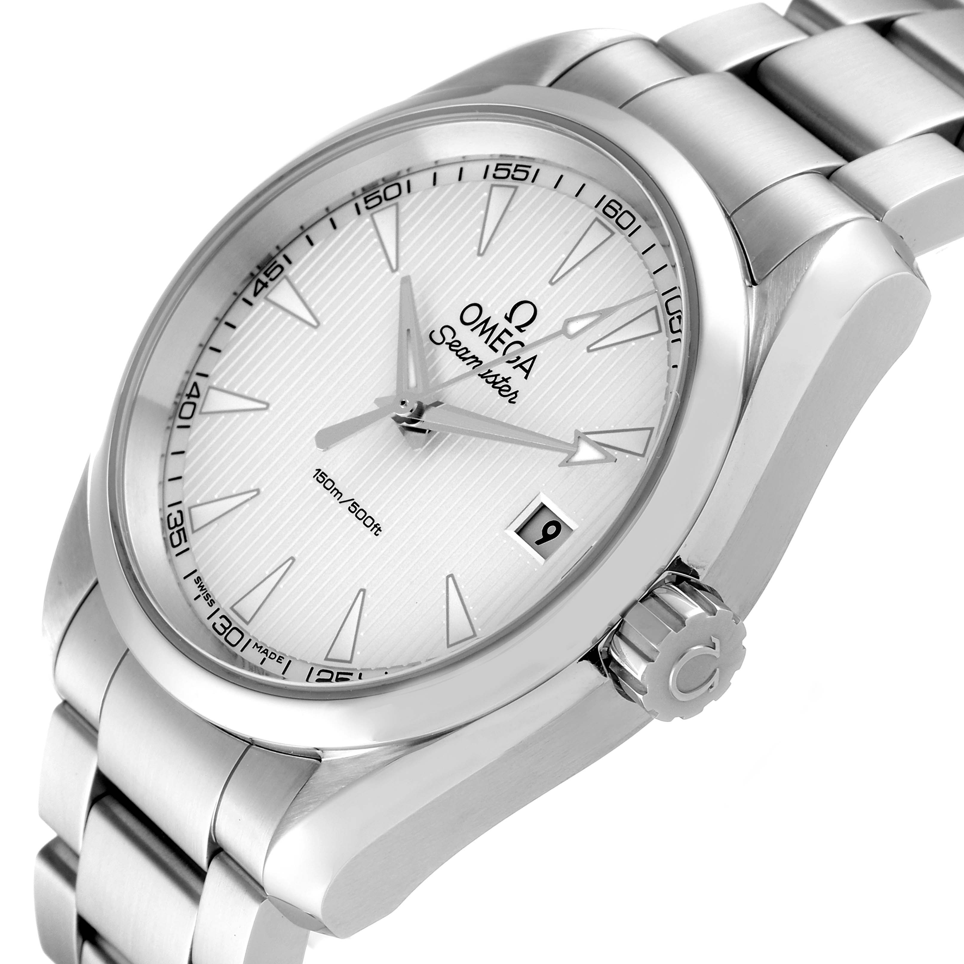 This image shows an Omega Aqua Terra 231.10.39.60.02.001 Men
s Stainless Steel Silver Dial 231.10.39.60.02.001 Men
s Stainless Steel Silver Dial watch angled from the front right, displaying the face, bezel, crown, and part of the metal bracelet.