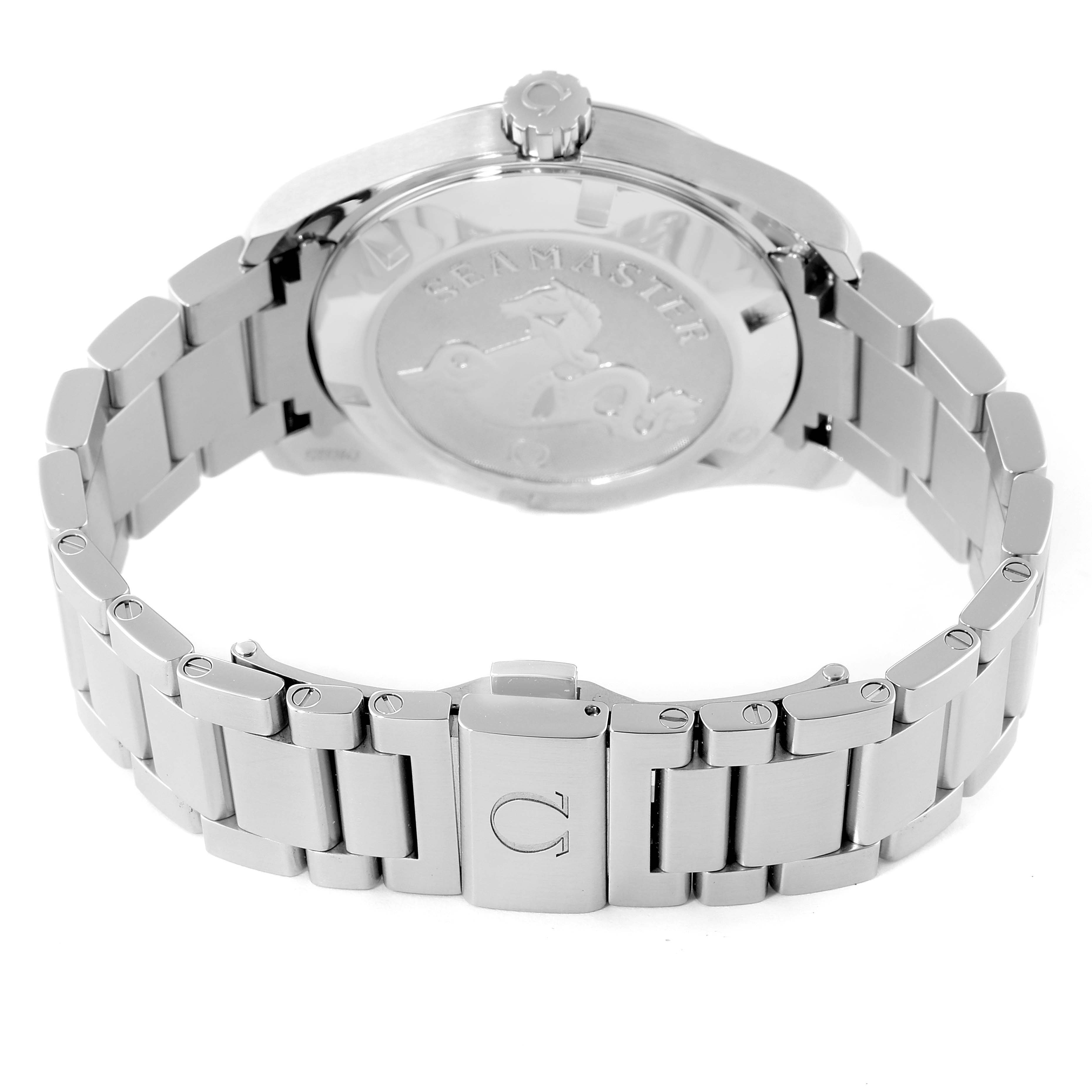 The image shows the back and bracelet of the Omega Aqua Terra 231.10.39.60.02.001 Men
s Stainless Steel Silver Dial 231.10.39.60.02.001 Men
s Stainless Steel Silver Dial watch from a rear angle.