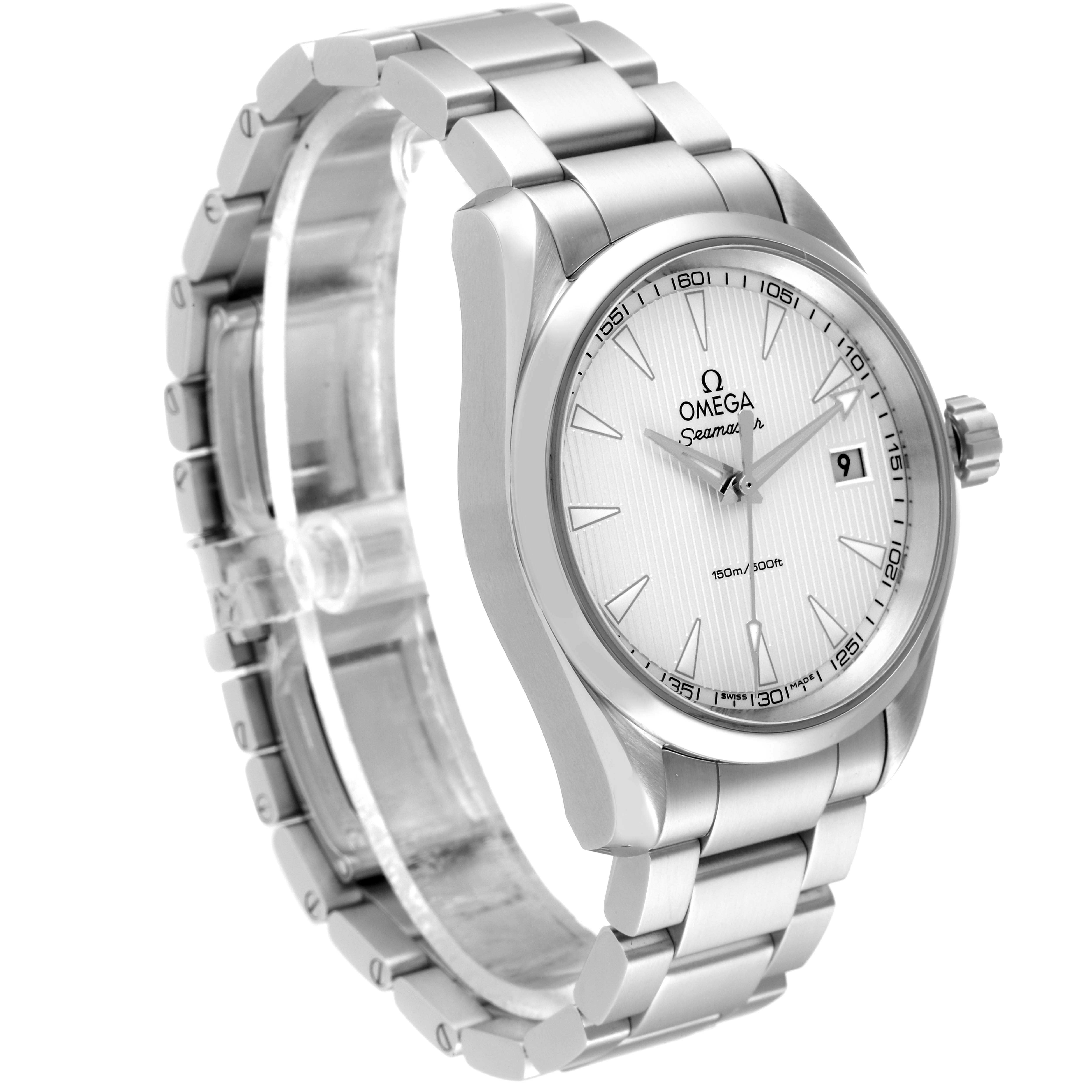 The watch, an Omega Aqua Terra 231.10.39.60.02.001 Men
s Stainless Steel Silver Dial 231.10.39.60.02.001 Men
s Stainless Steel Silver Dial model, is shown at a three-quarter angle, highlighting the face, bracelet, and crown.