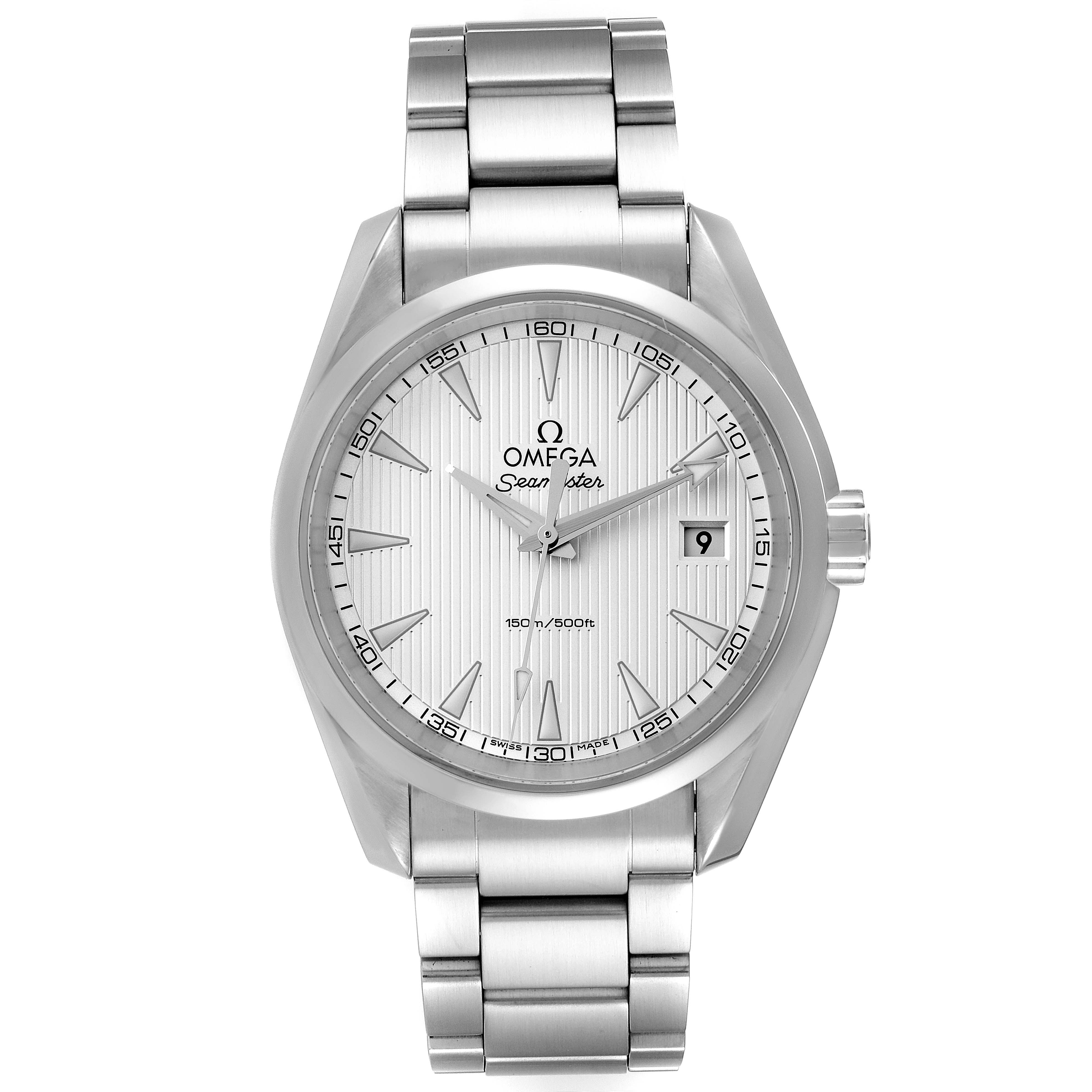 The Omega Aqua Terra 231.10.39.60.02.001 Men
s Stainless Steel Silver Dial 231.10.39.60.02.001 Men
s Stainless Steel Silver Dial watch is shown from the front, displaying its dial, hands, date window, and bracelet.