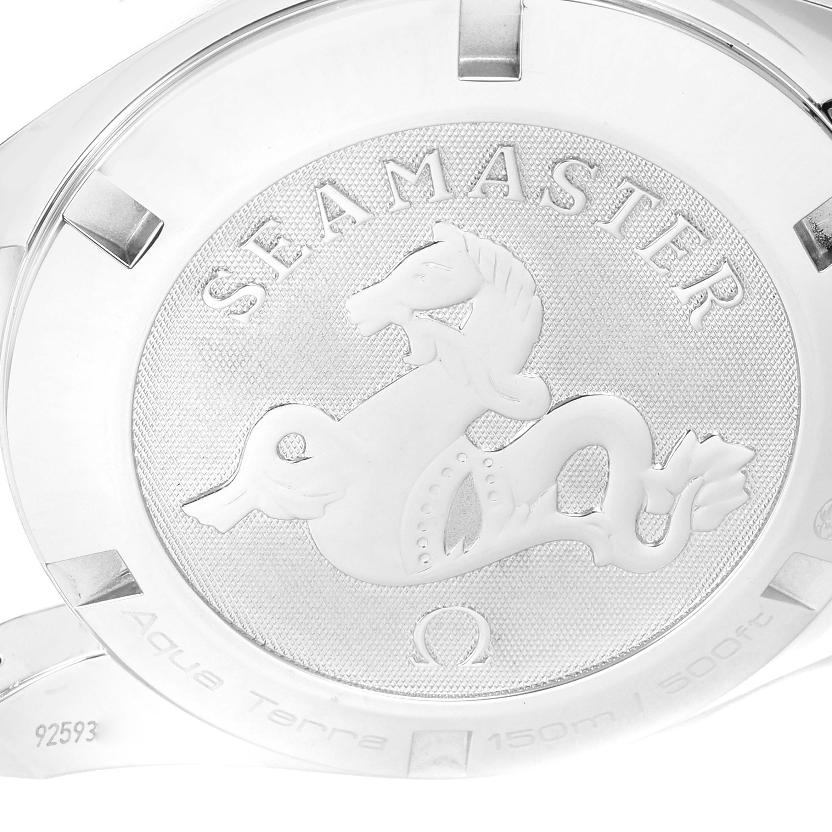 This image shows the back case of the Omega Aqua Terra 231.10.39.60.02.001 Men
s Stainless Steel Silver Dial 231.10.39.60.02.001 Men
s Stainless Steel Silver Dial watch, featuring the Seamaster logo.